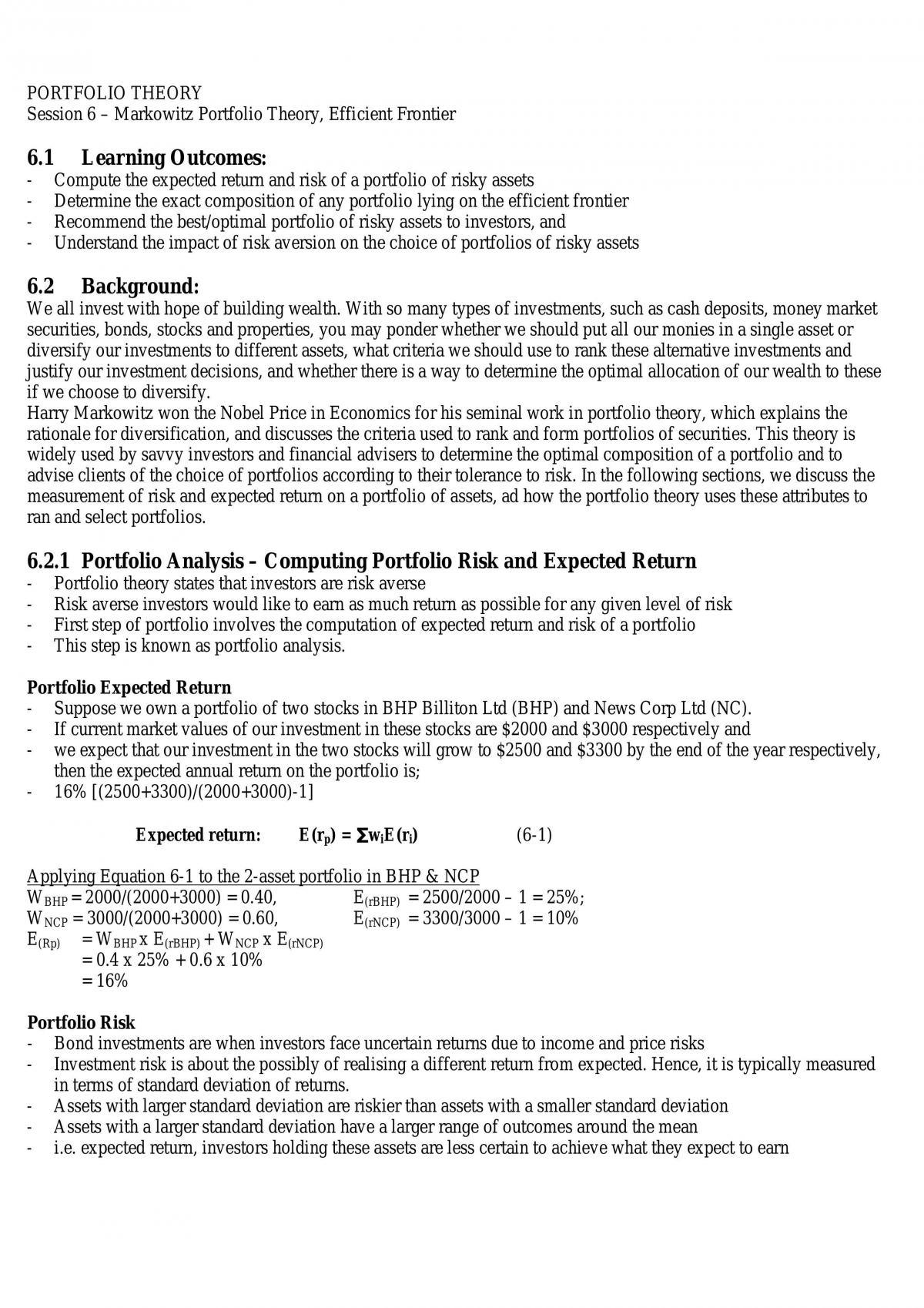 Notes For Efficient Frontier - Page 1