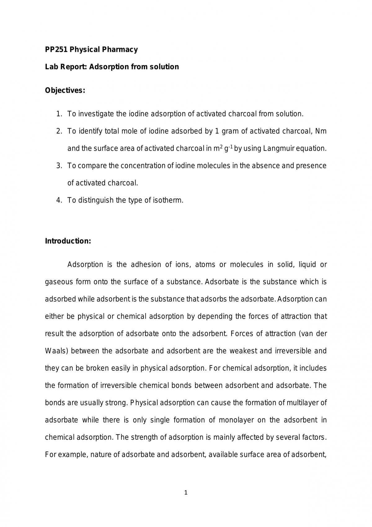Lab Report Discussing Adsorption from Solution - Page 1