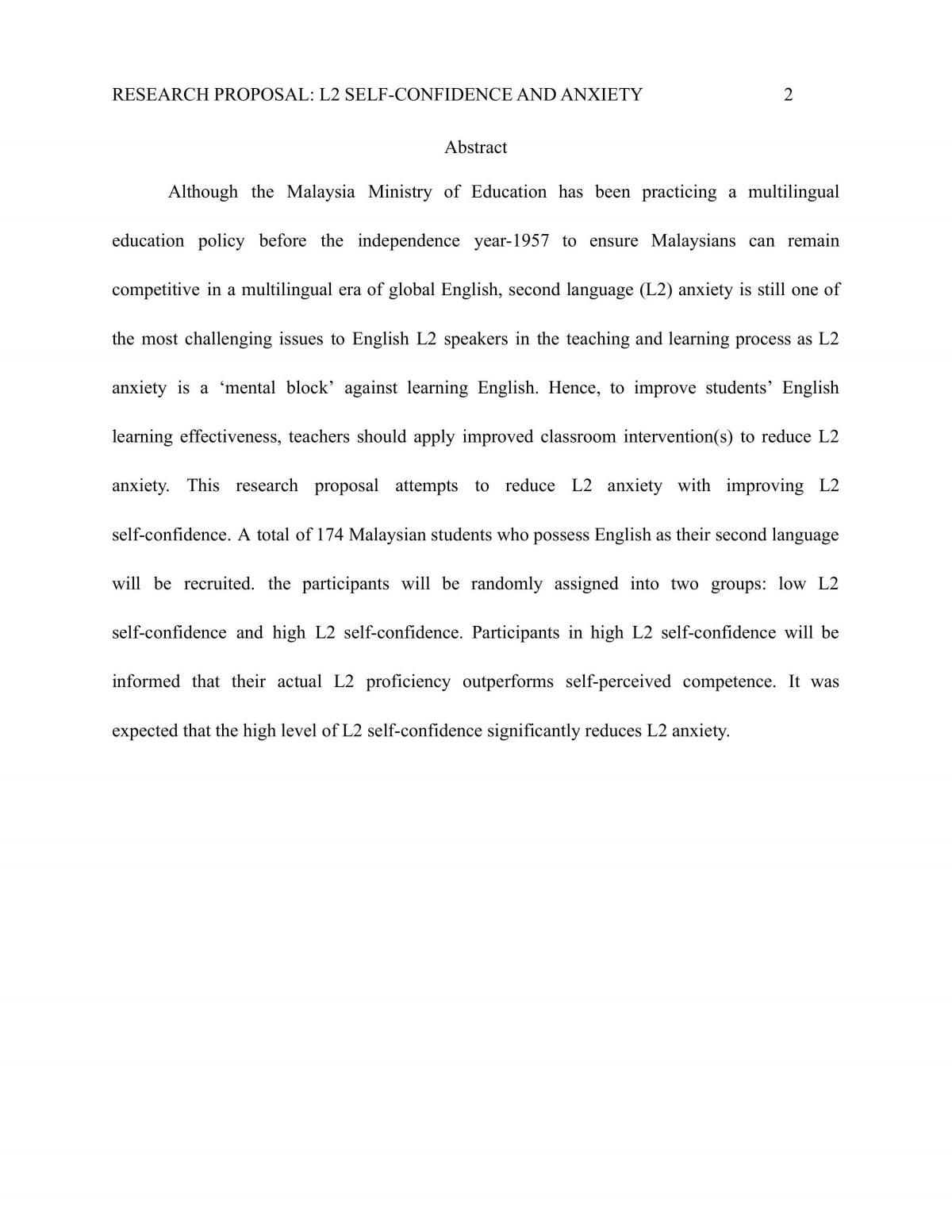 Research Proposal: Effect of Self Confidence on 2nd Language Anxiety  - Page 1