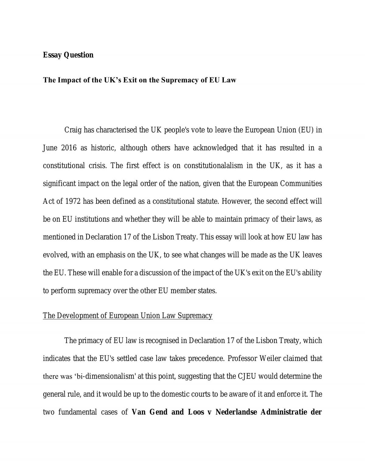 Impact of UK exit on the supremacy of EU Law essay  - Page 1