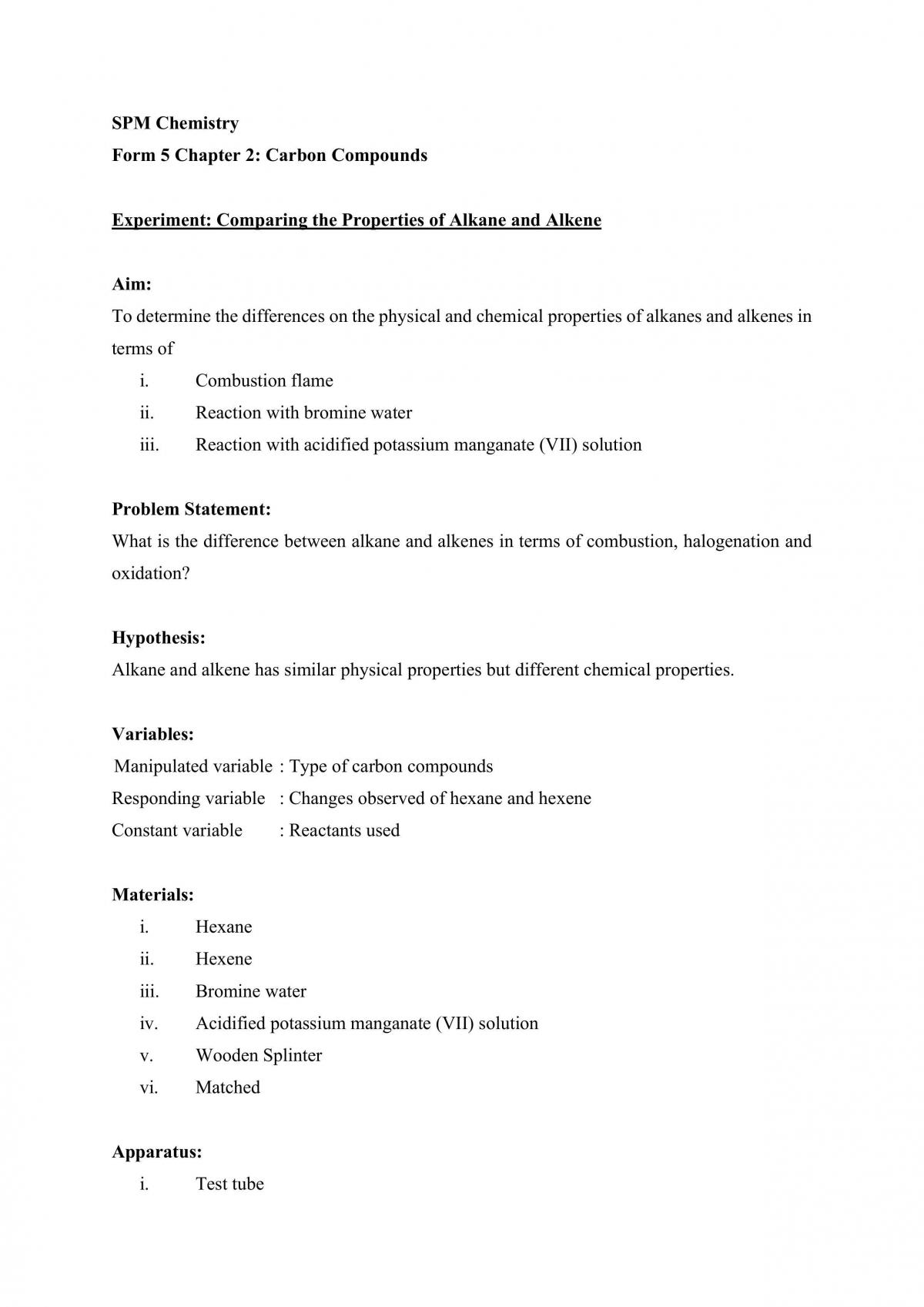 Comparing the Properties of Alkane and Alkene - Page 1