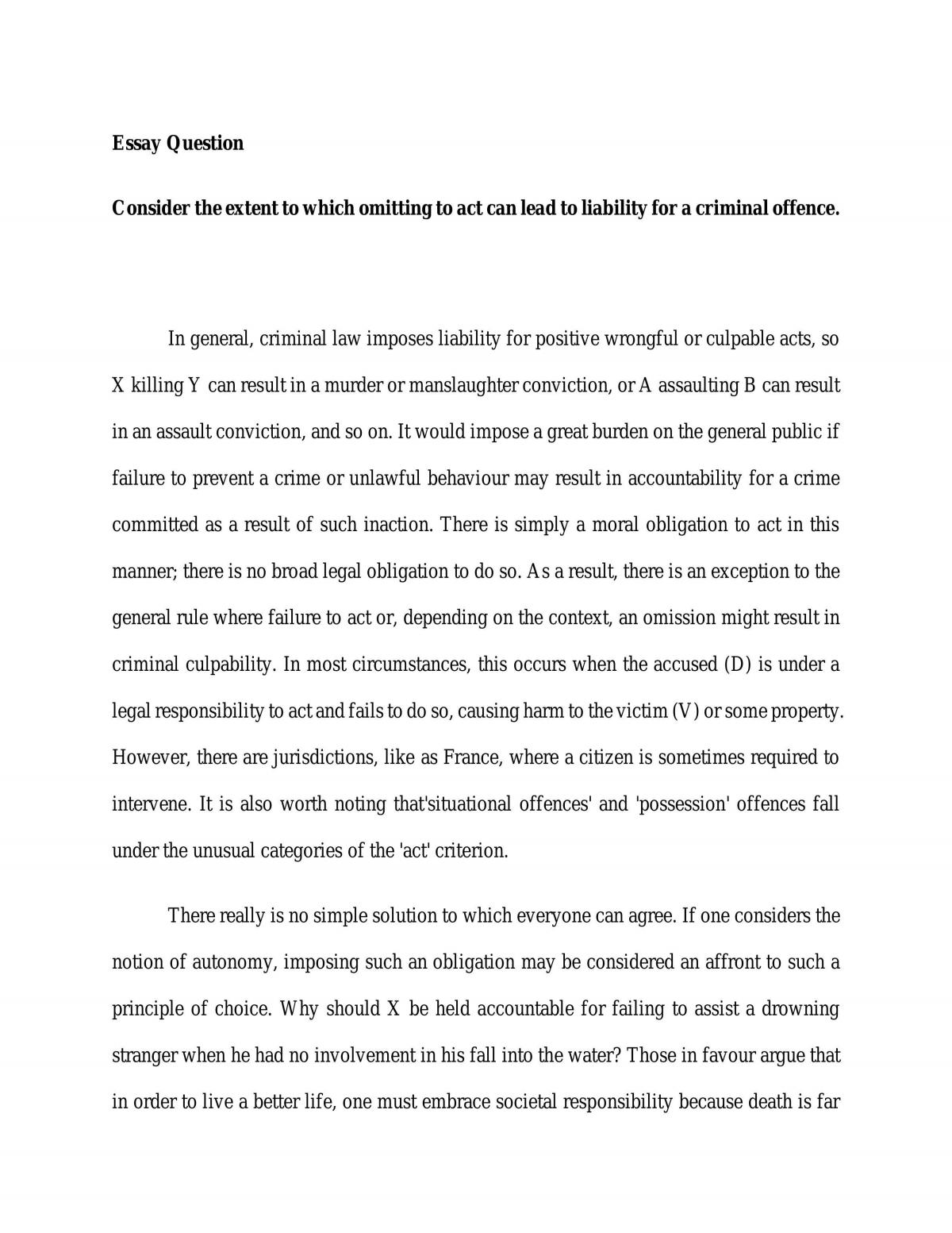 Omission Liabililty For A Criminal Offence Essay CL101 Criminal Law