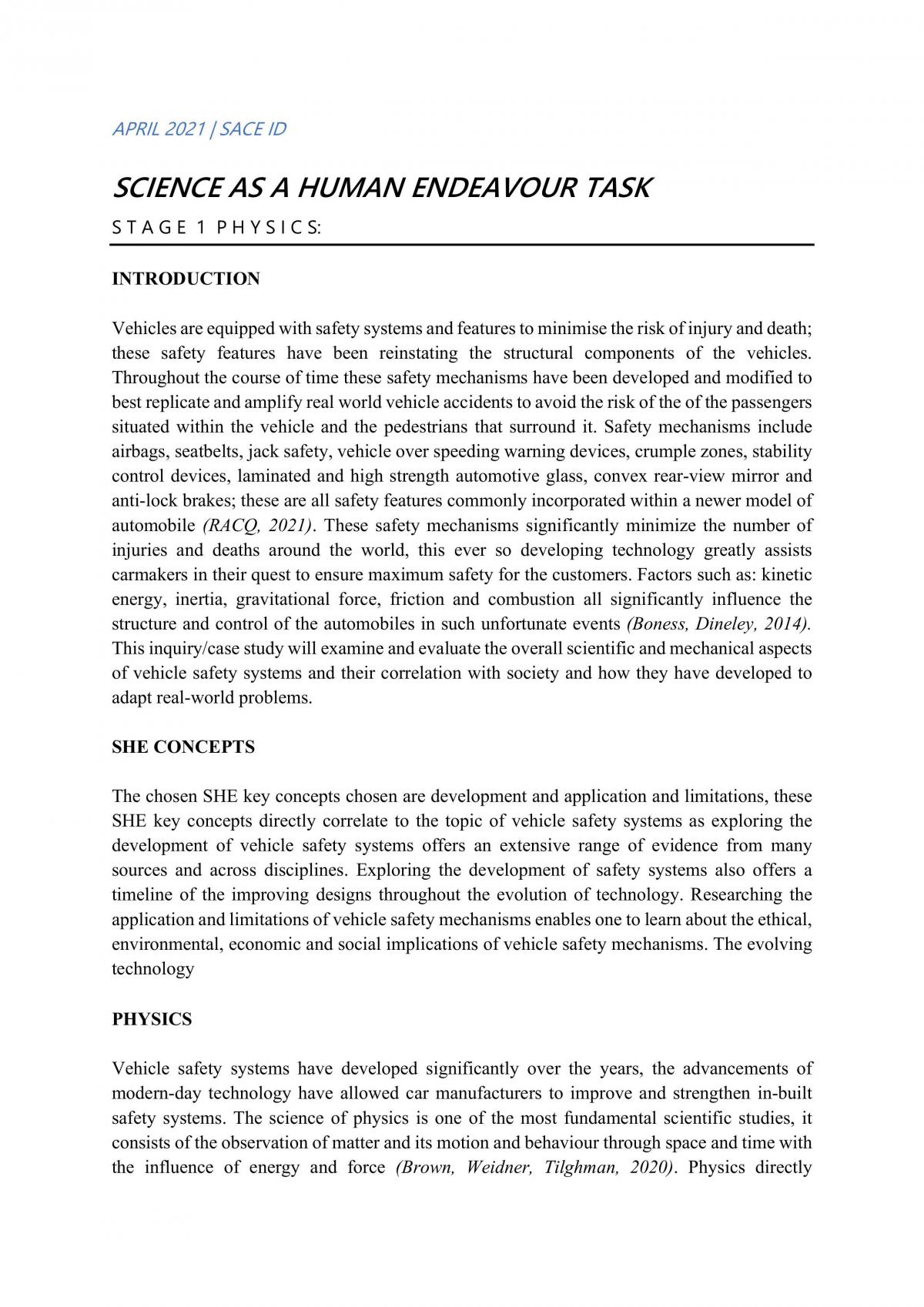 Science as a Human Endeavour Task Vehicle Safety Systems - Page 1