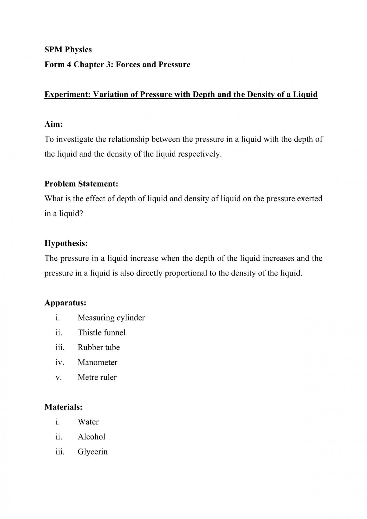 Experiment: Variation of Pressure with Depth and the Density of a Liquid - Page 1