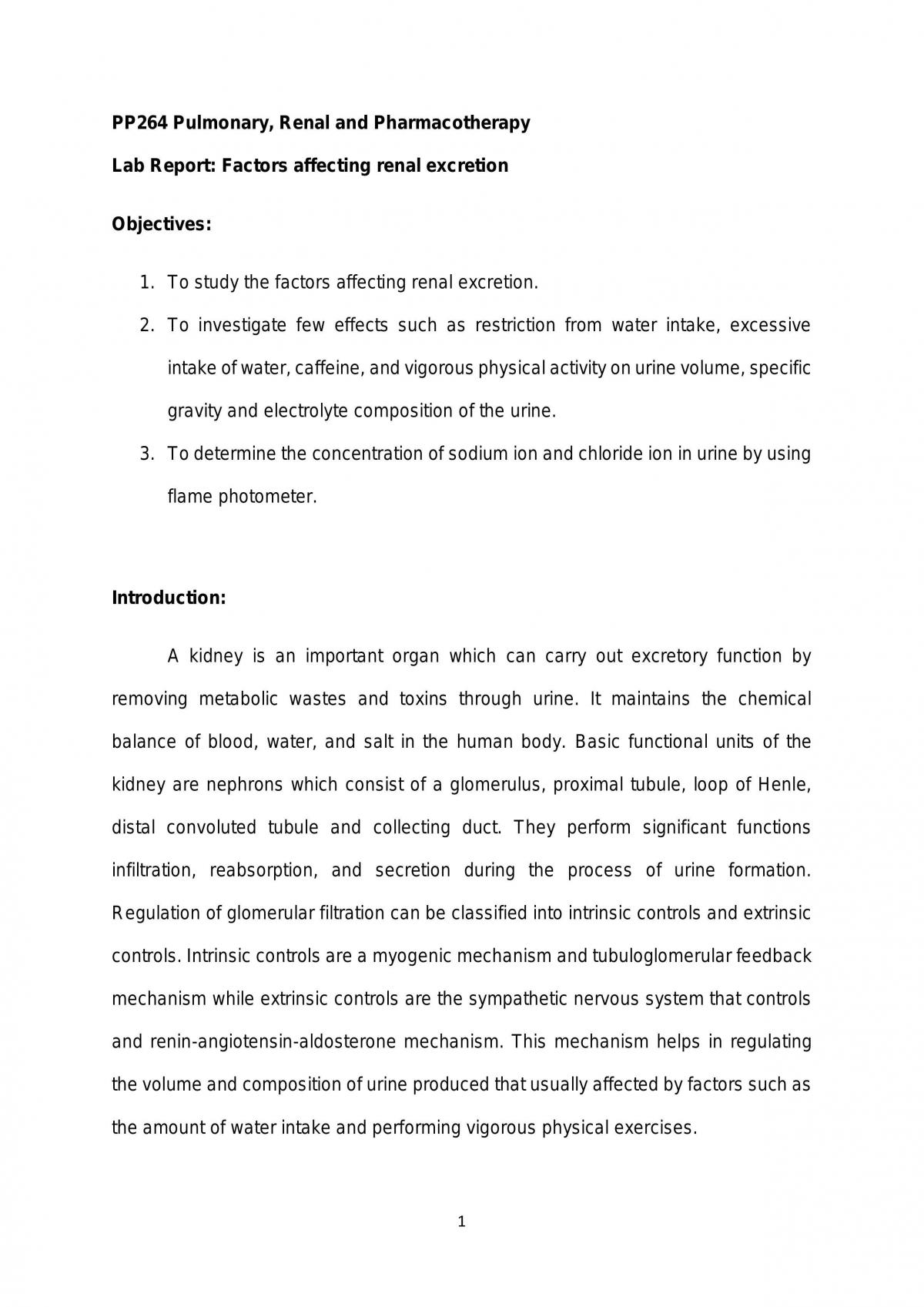 Lab Report Discussing Factors Affecting Renal Excretion - Page 1