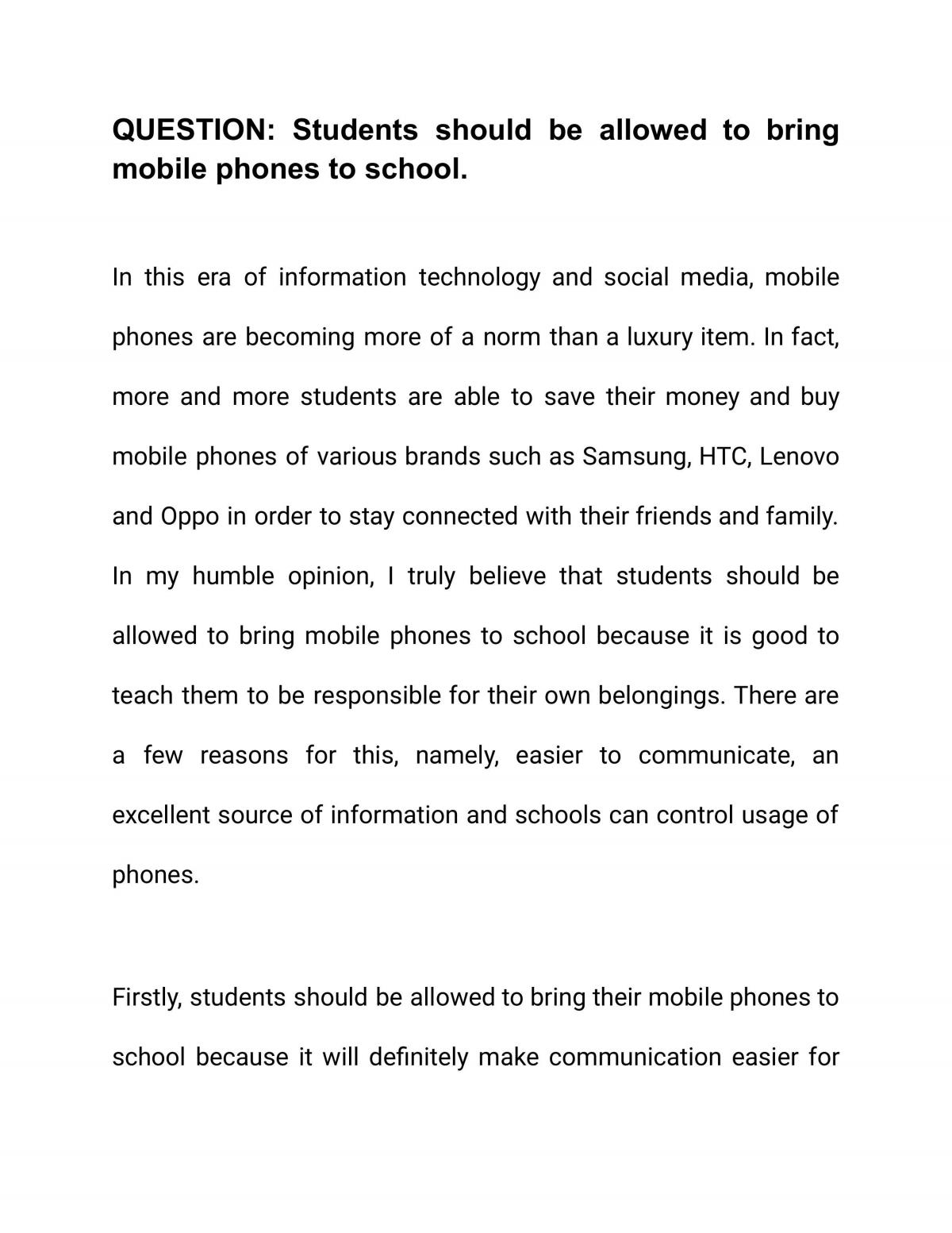 cell phones should be allowed in class essay