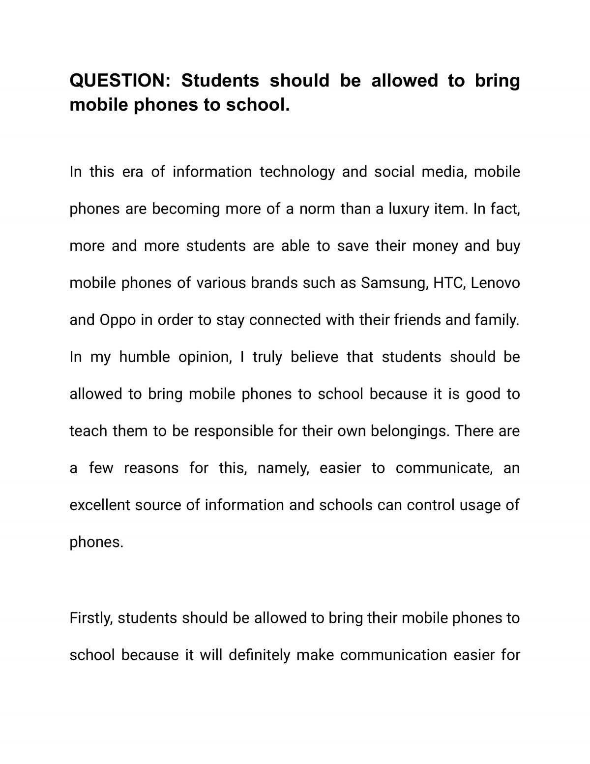 essay bring mobile phone to school