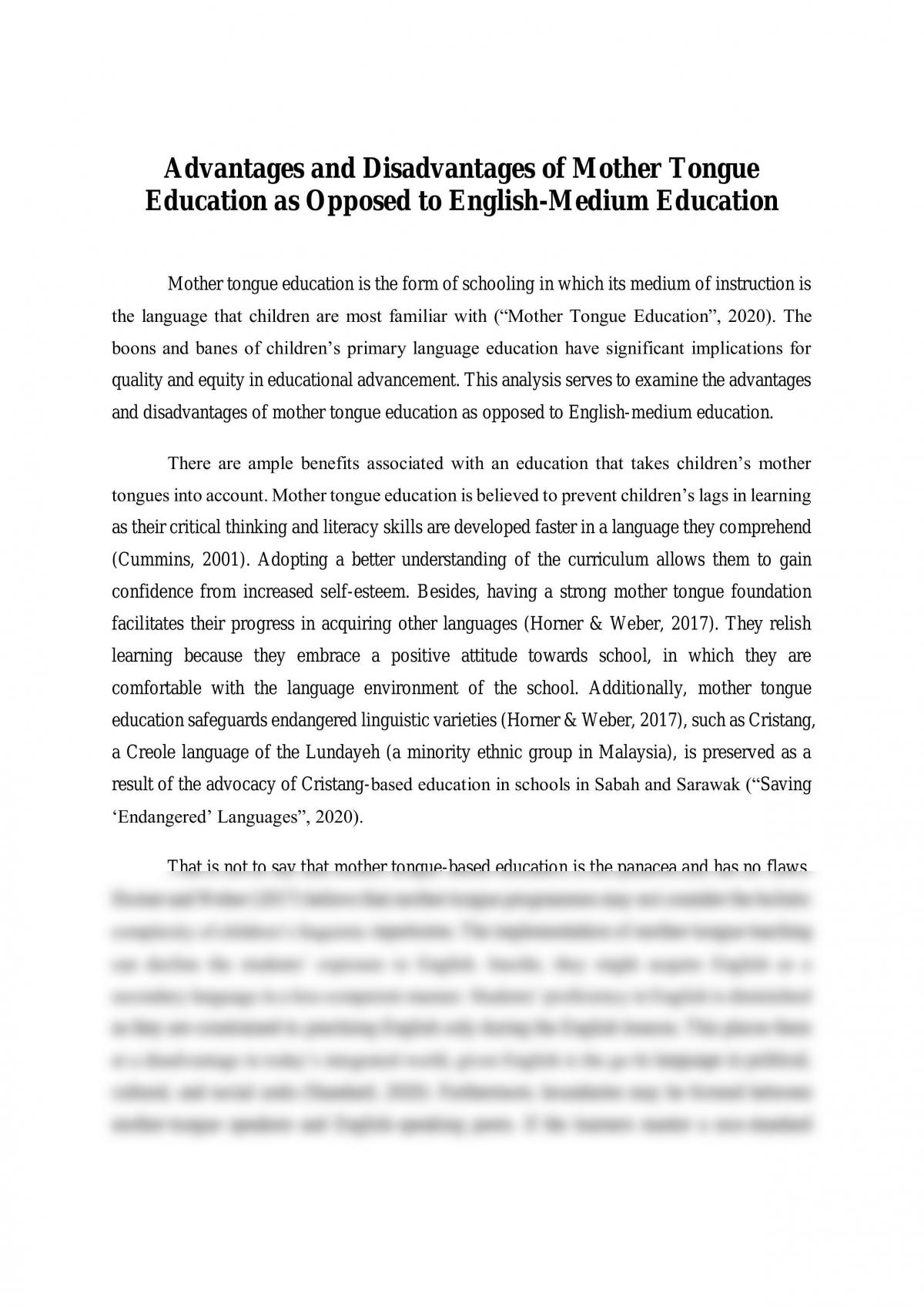 Advantages and Disadvantages of Mother Tongue Education - Page 1