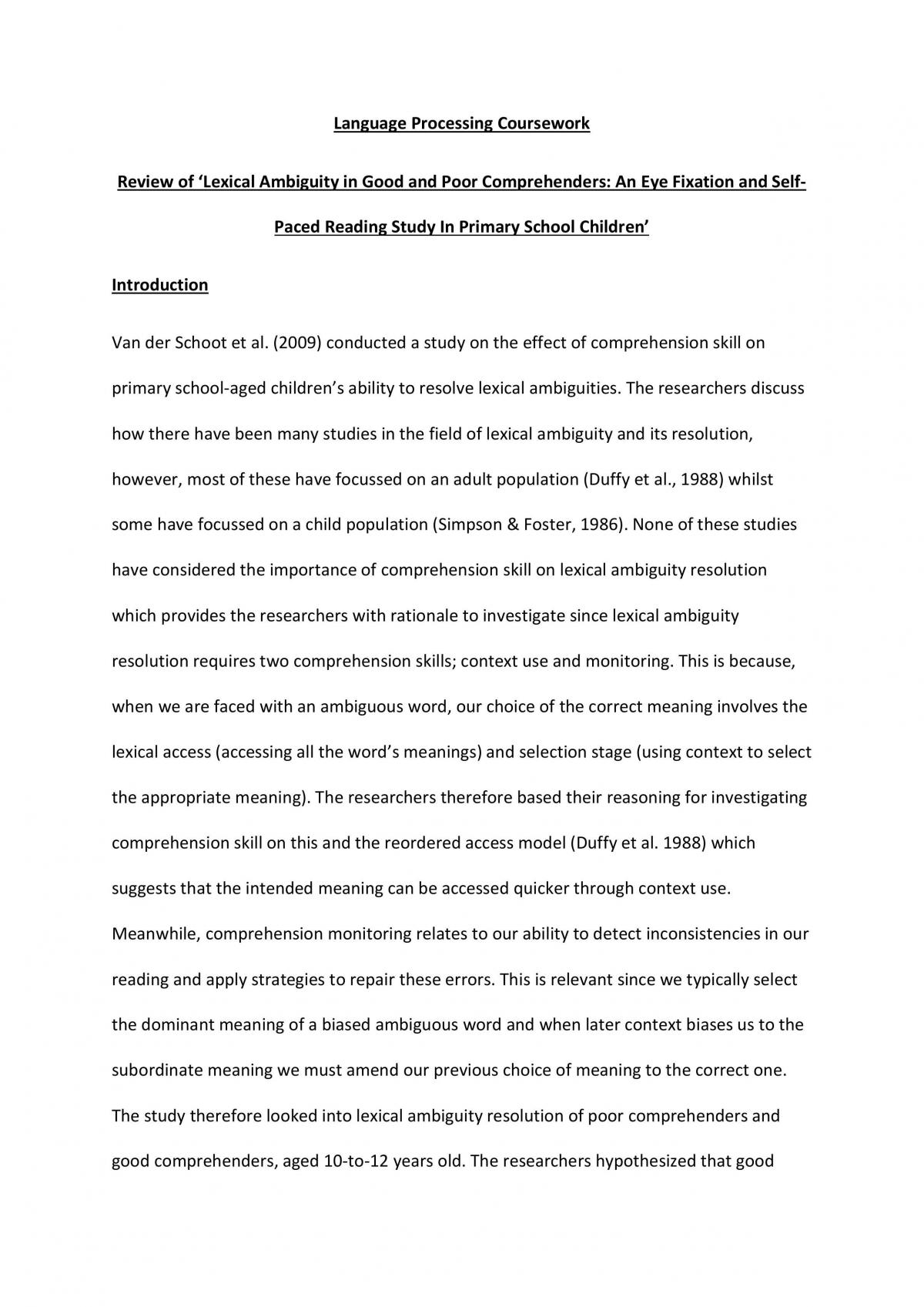 Review of ‘Lexical Ambiguity in Good and Poor Comprehenders: An Eye Fixation and Self-Paced Reading Study In Primary School Children’ - Page 1