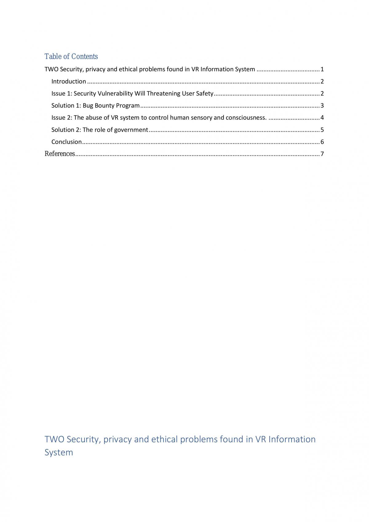 Two security, privacy and ethical problems found in VR Information System and Solutions - Page 1