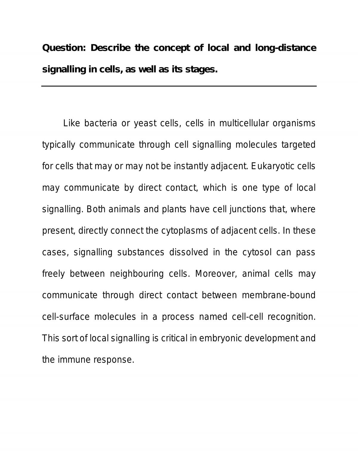 Essay Explaining the Concept of Local and Long-distance Signalling in Cells - Page 1
