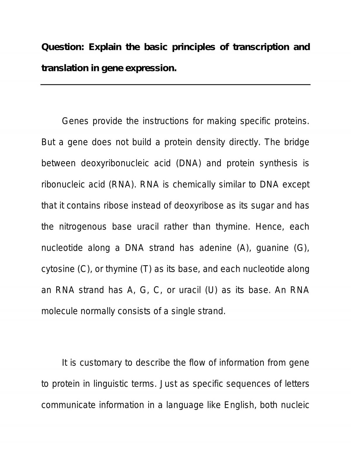 Essay Explaining the Basic Principles of Transcription and Translation - Page 1