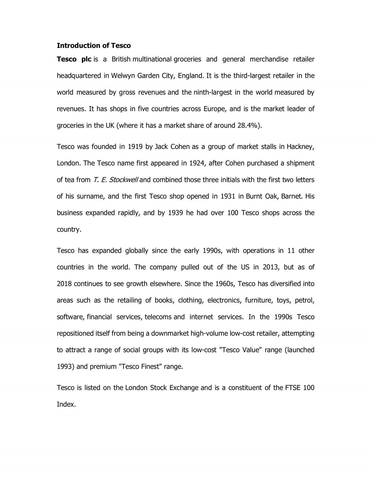 Analysis of Tesco  - Page 1