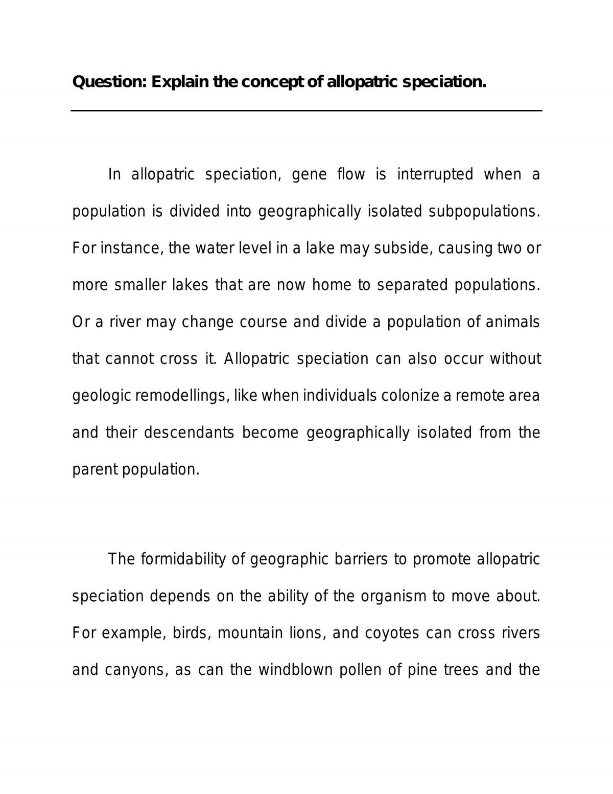 Essay Explaining the Concept of Allopatric Speciation - Page 1