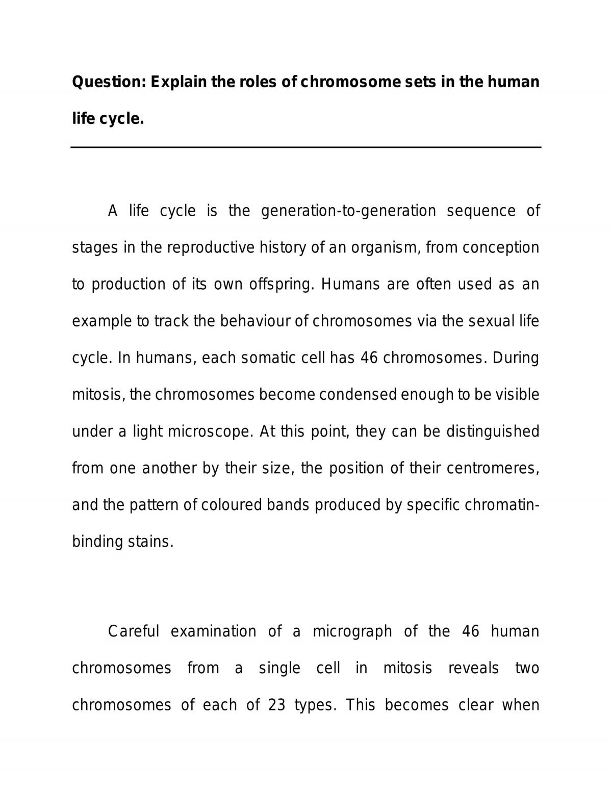 Essay Explaining the Roles of Chromosome Sets in the Human Life Cycle - Page 1