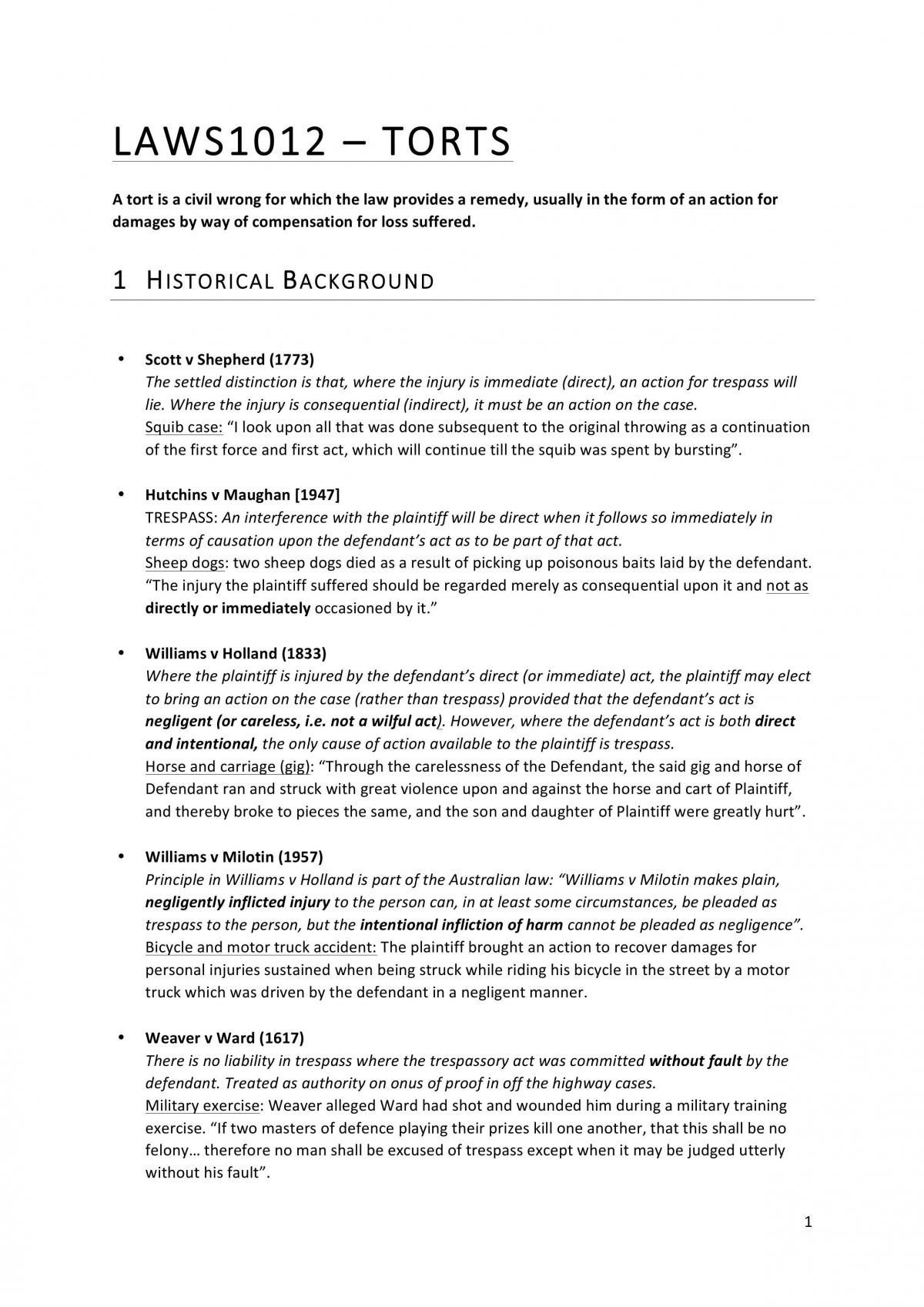 LAWS1012 Torts Notes - Page 1