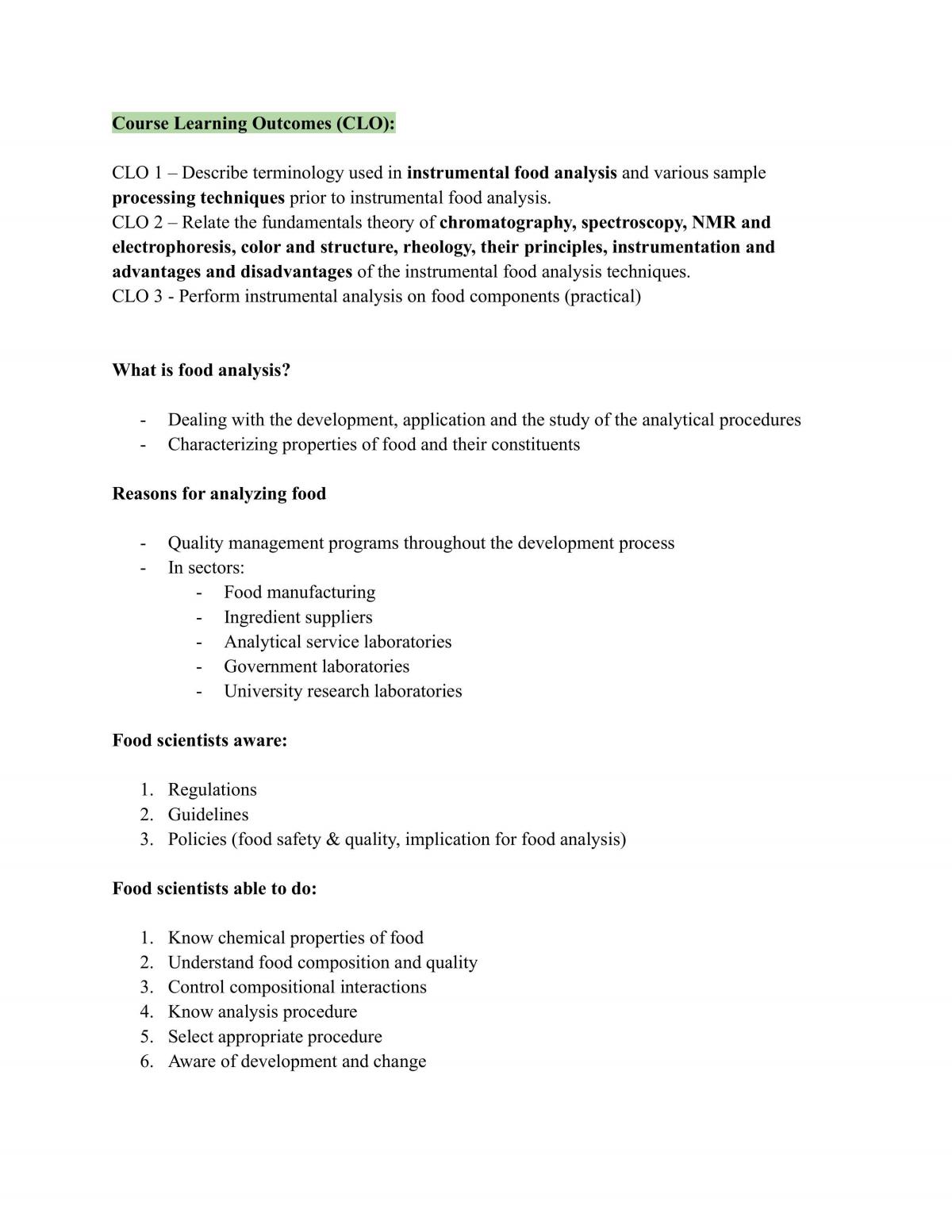 Food Analysis II notes  - Page 1