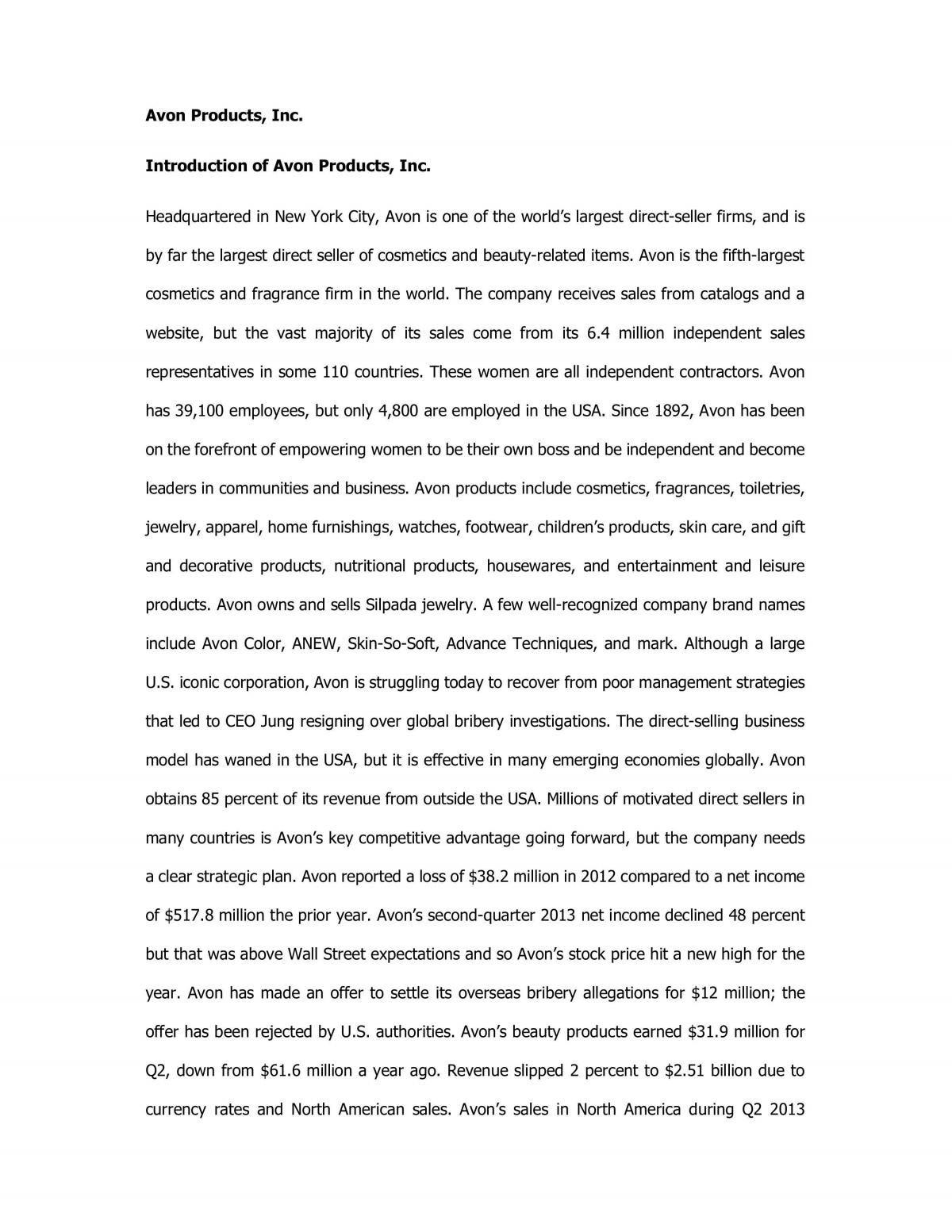 Analysis of Avon Product  - Page 1