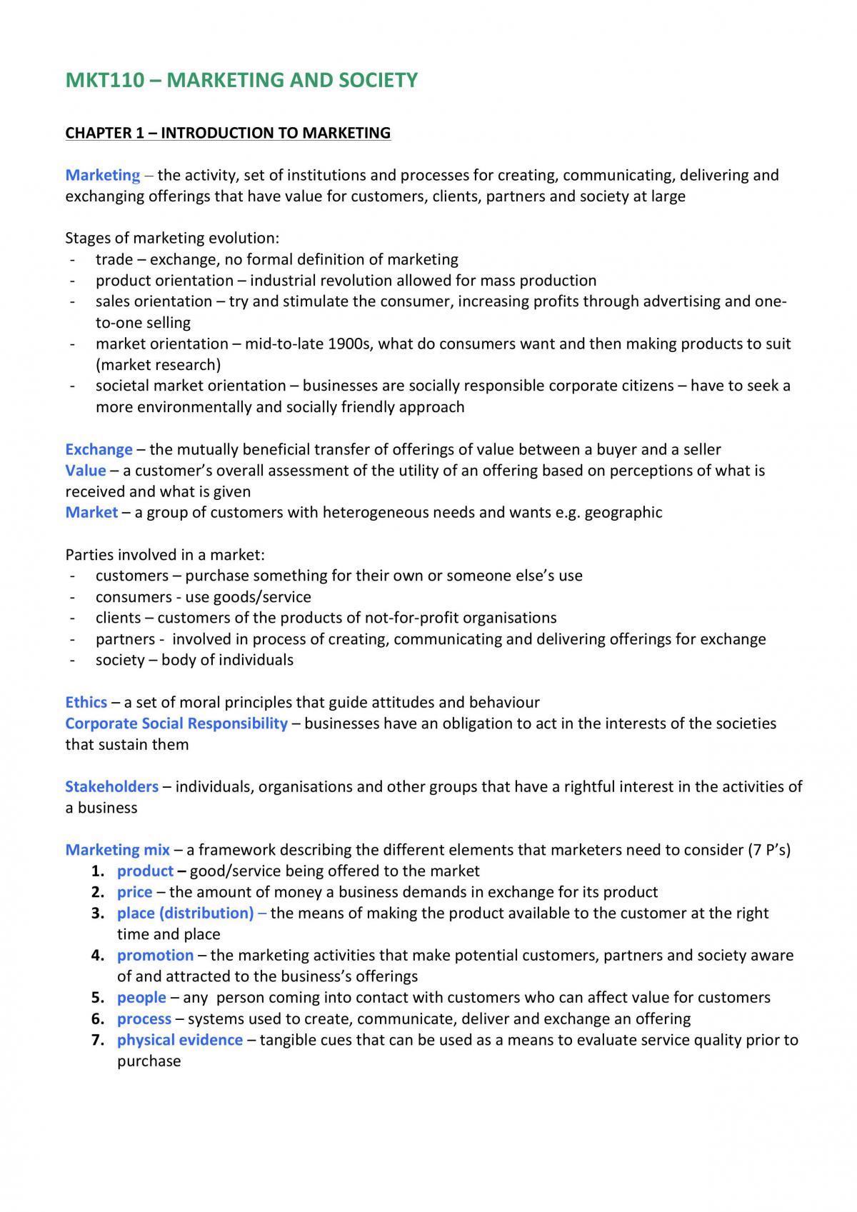 Comprehensive Study Notes/ Summary/ Exam Guide for MKT110/MKT100 - Page 1