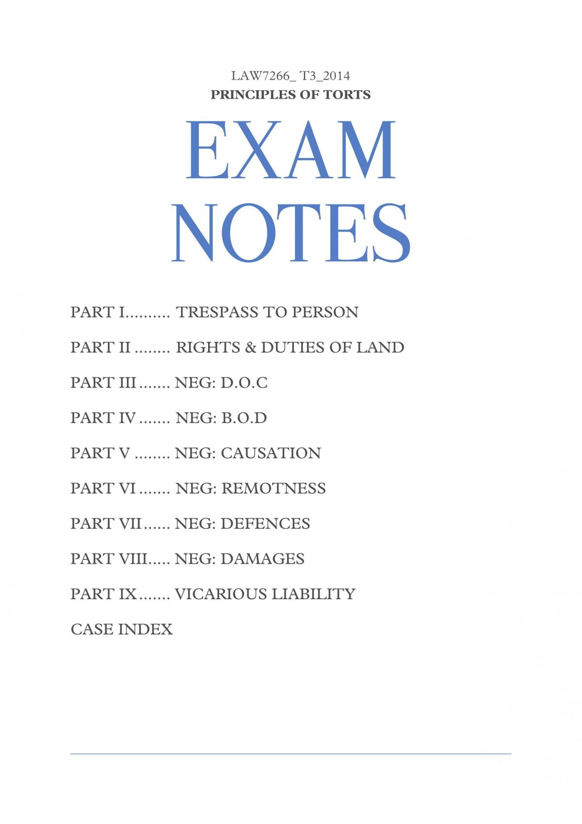 Tort Law Exam Notes for JD Course - Page 1