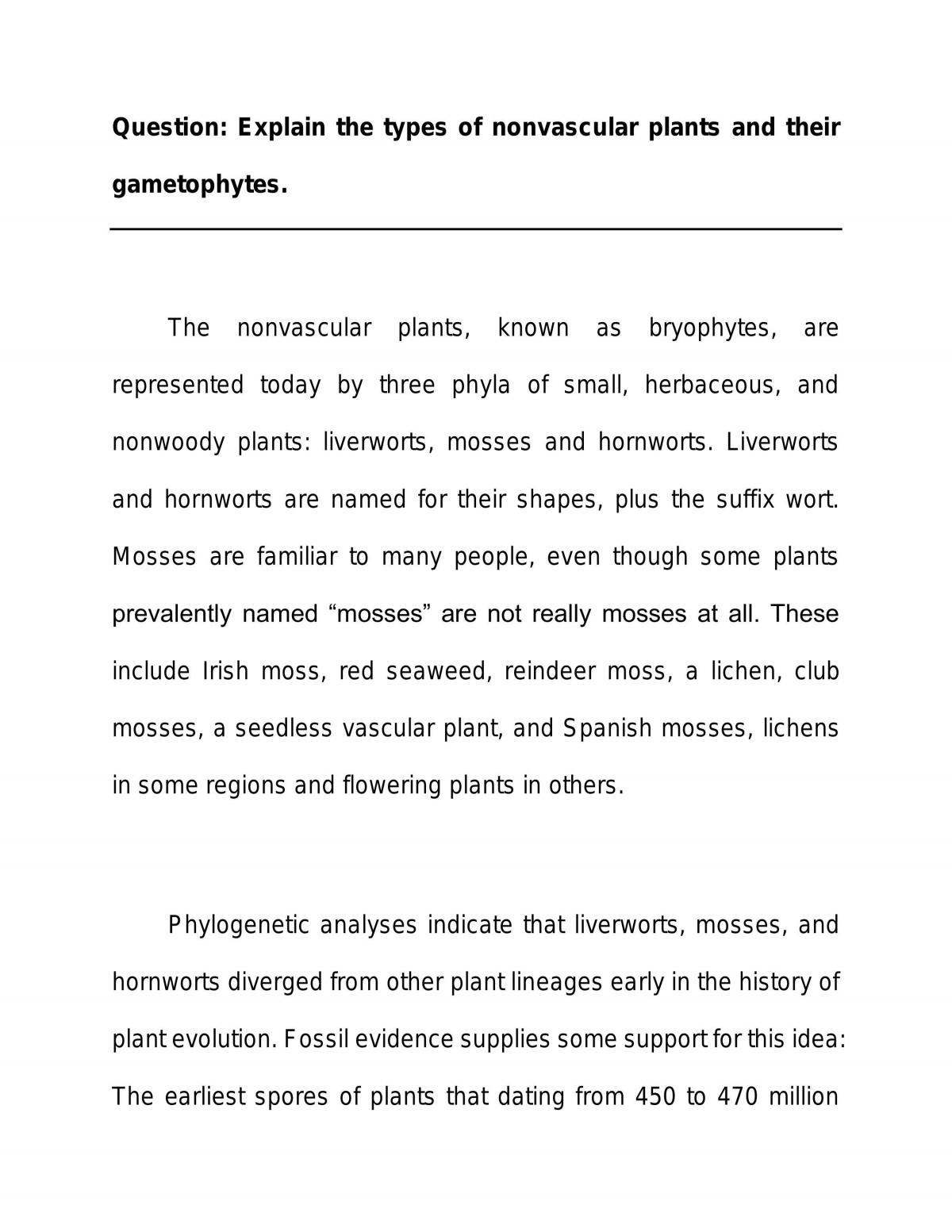 Essay Explaining the Types of Nonvascular Plants (Bryophytes) - Page 1
