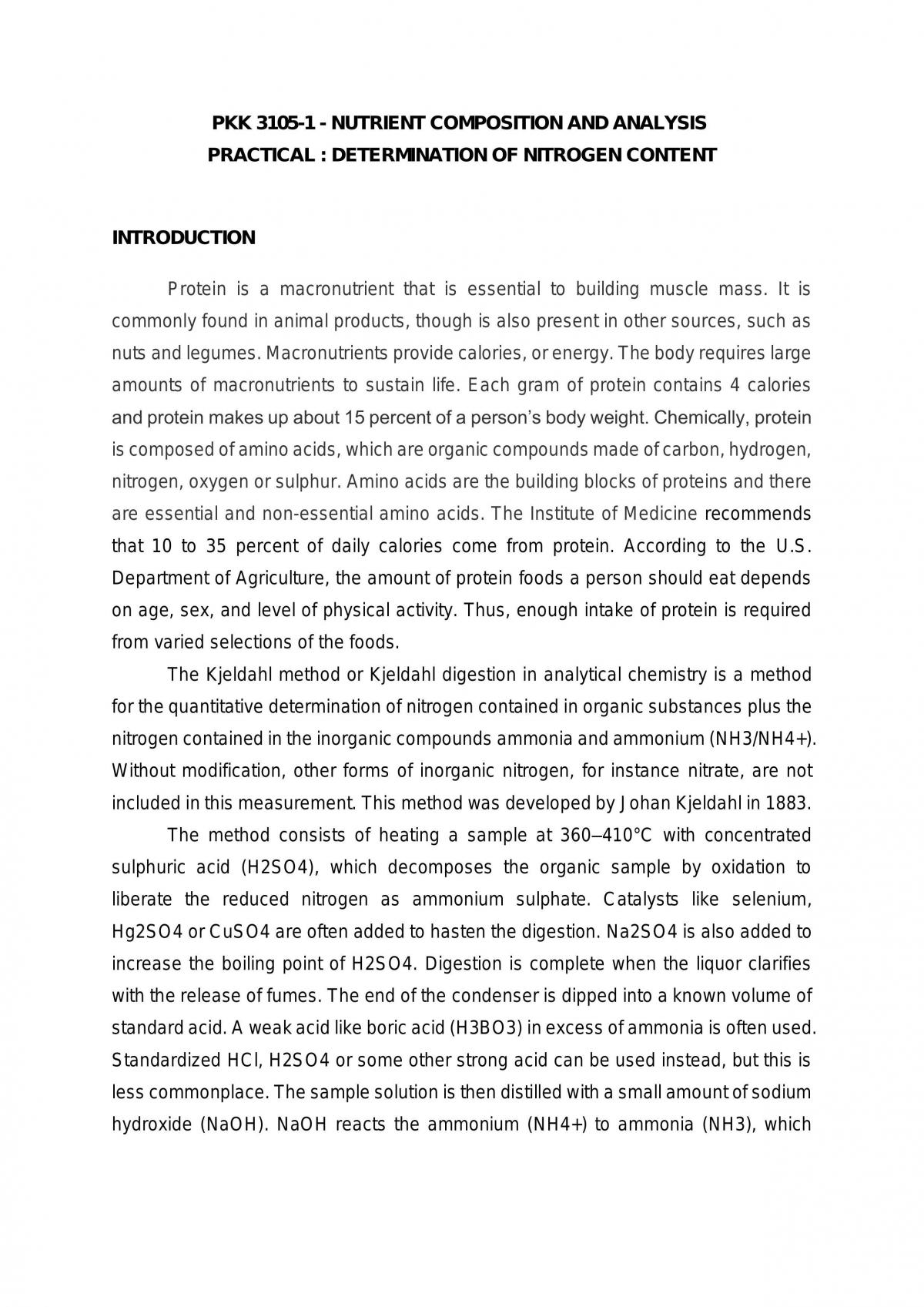 Determination of Nitrogen and Protein content  - Page 1
