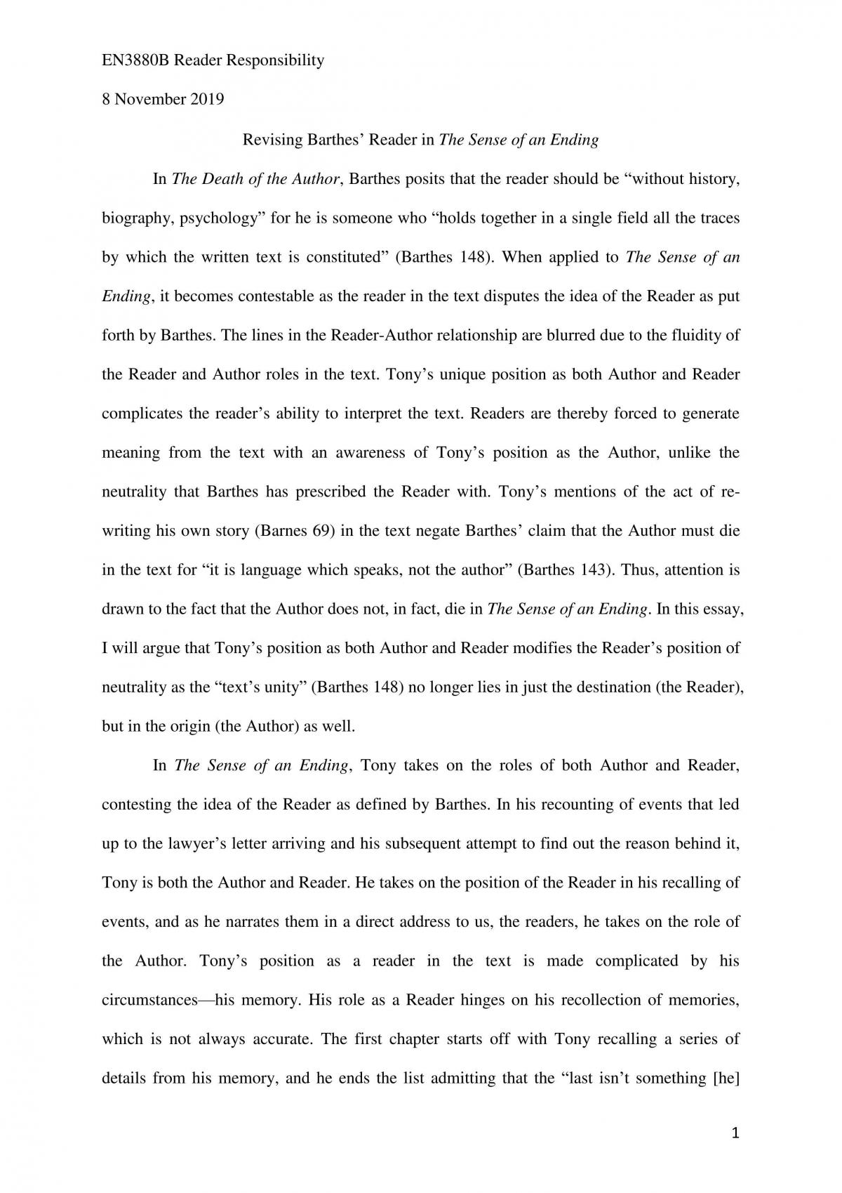 Revising Barthes’ Reader in The Sense of an Ending - Page 1