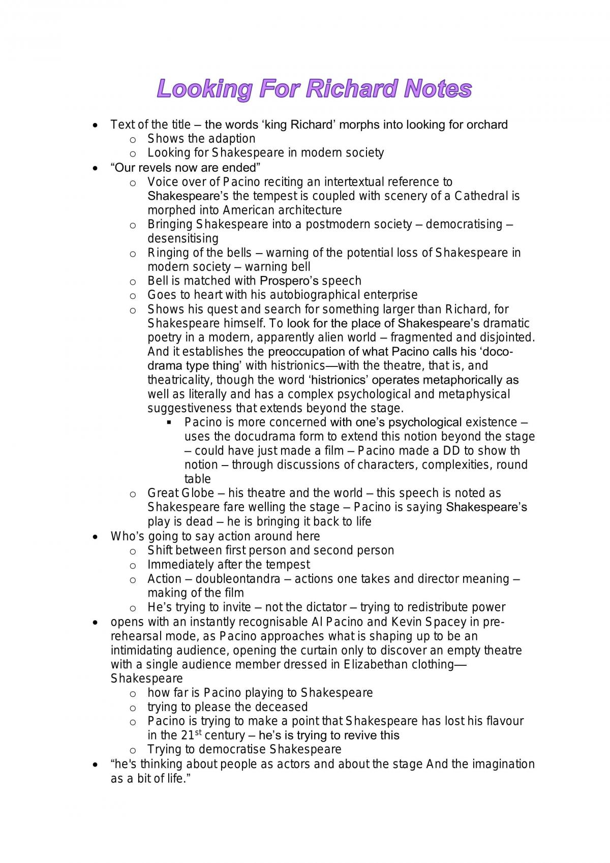 'Looking for Richard' extensive notes - Page 1