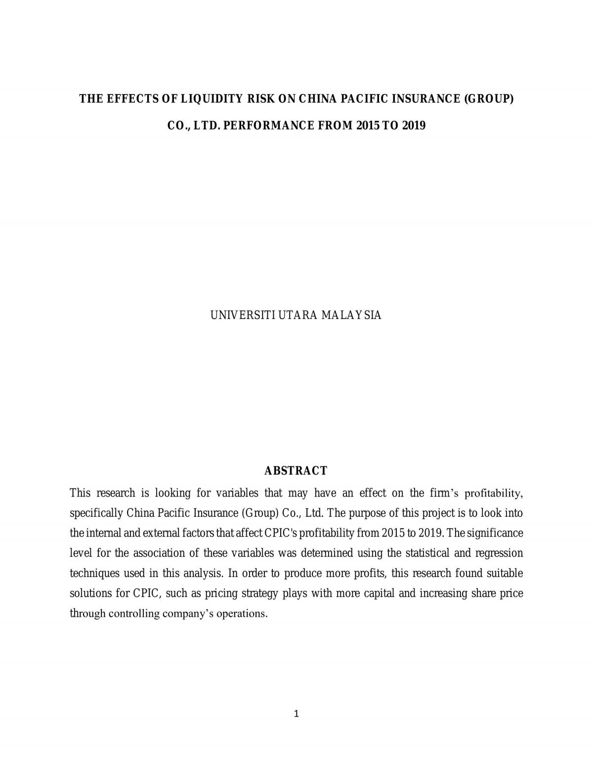 The effects of liquidity risk on china pacific insurance (group) co., ltd. Performance from 2015 to 2019 - Page 1
