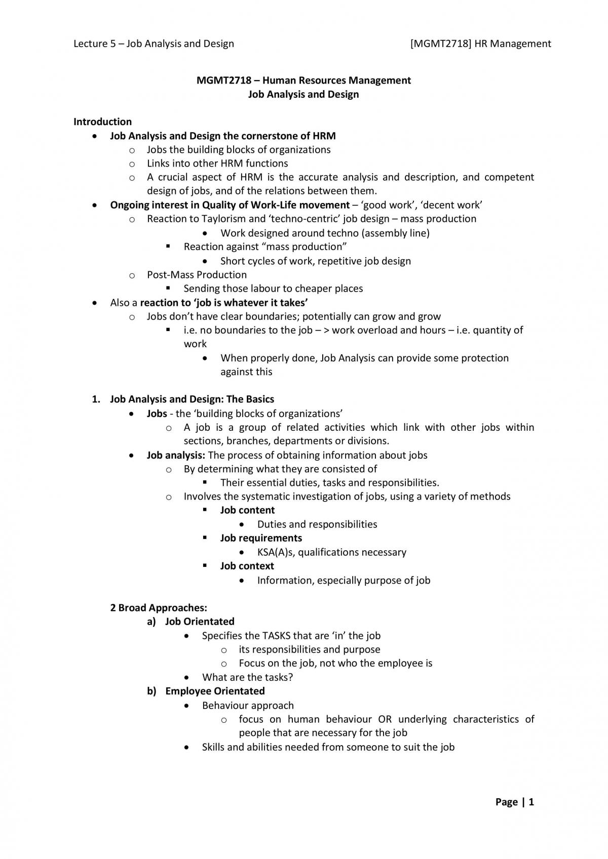 MGMT2718 - Human Resources Management (Week 5 Lecture Notes) - Page 1