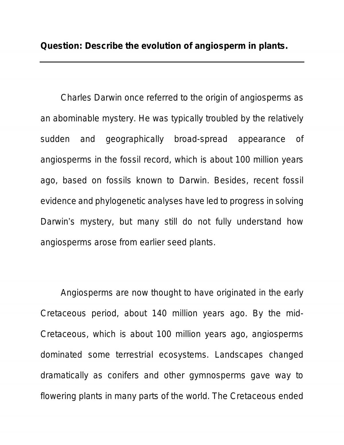 Essay Describing the Evolution of Angiosperm in Plants - Page 1