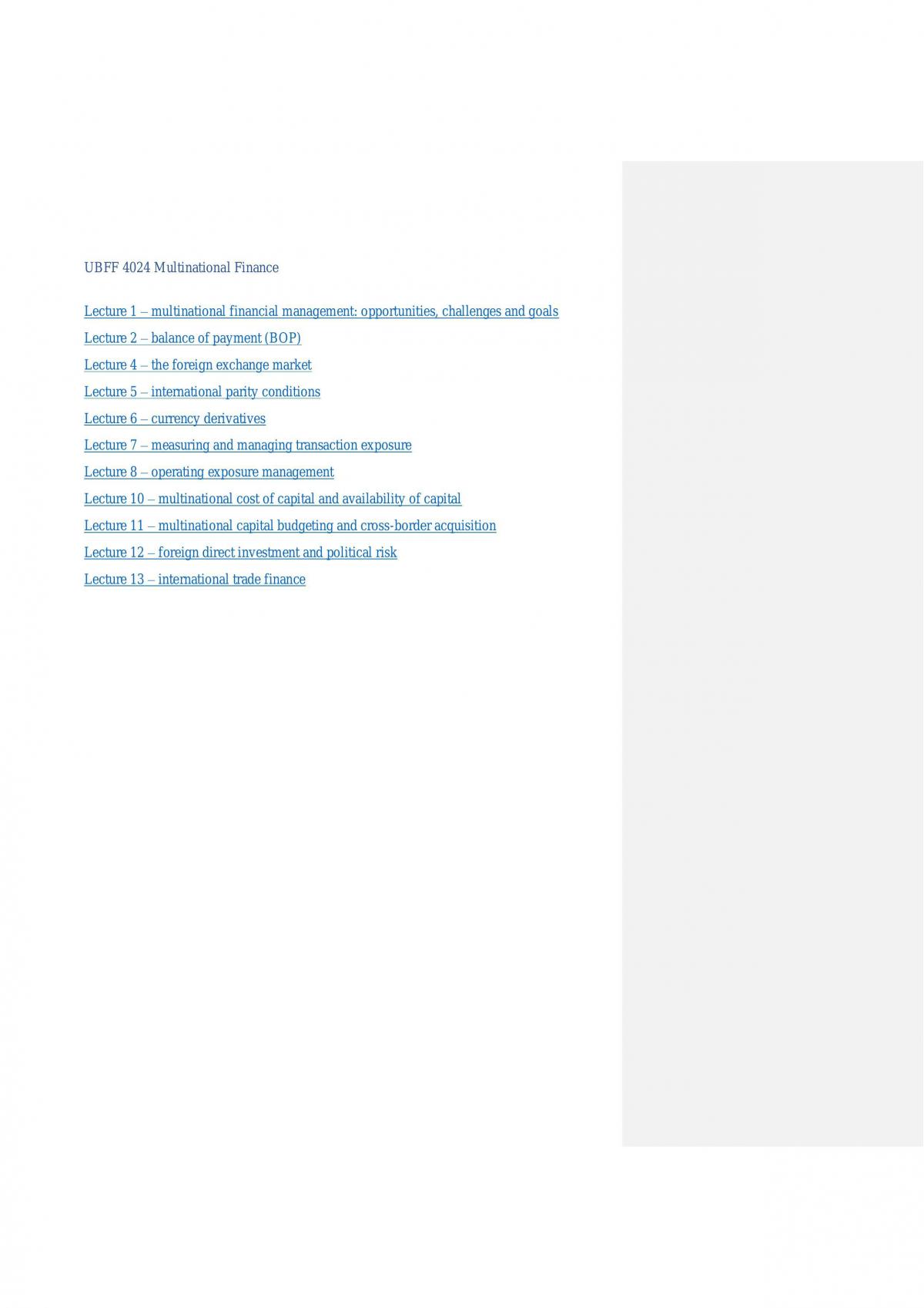 UBFF 4024 Multinational Finance Notes  - Page 1