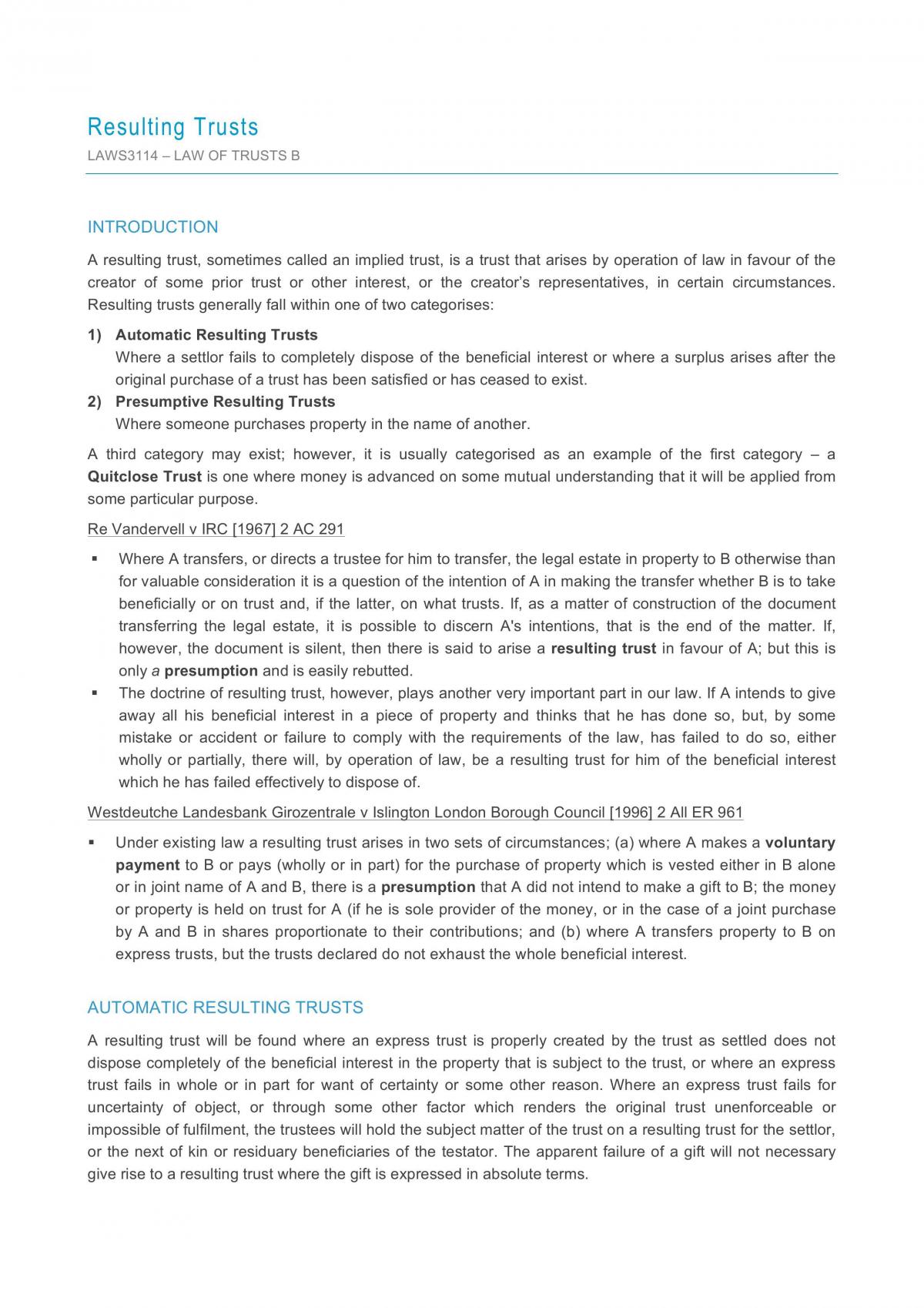 LAWS3114 Trusts B - Study Notes - Page 1
