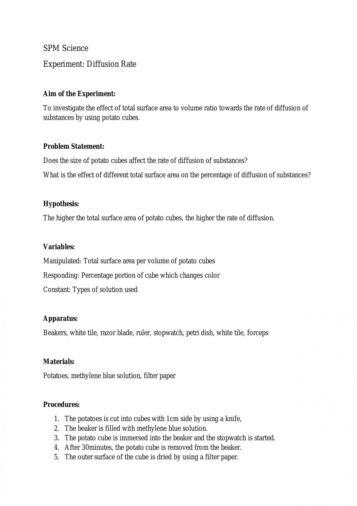 Experiment:  Diffusion Rate,  Osmoregulation, Effect of humidity on bacteria growth rate - Page 1