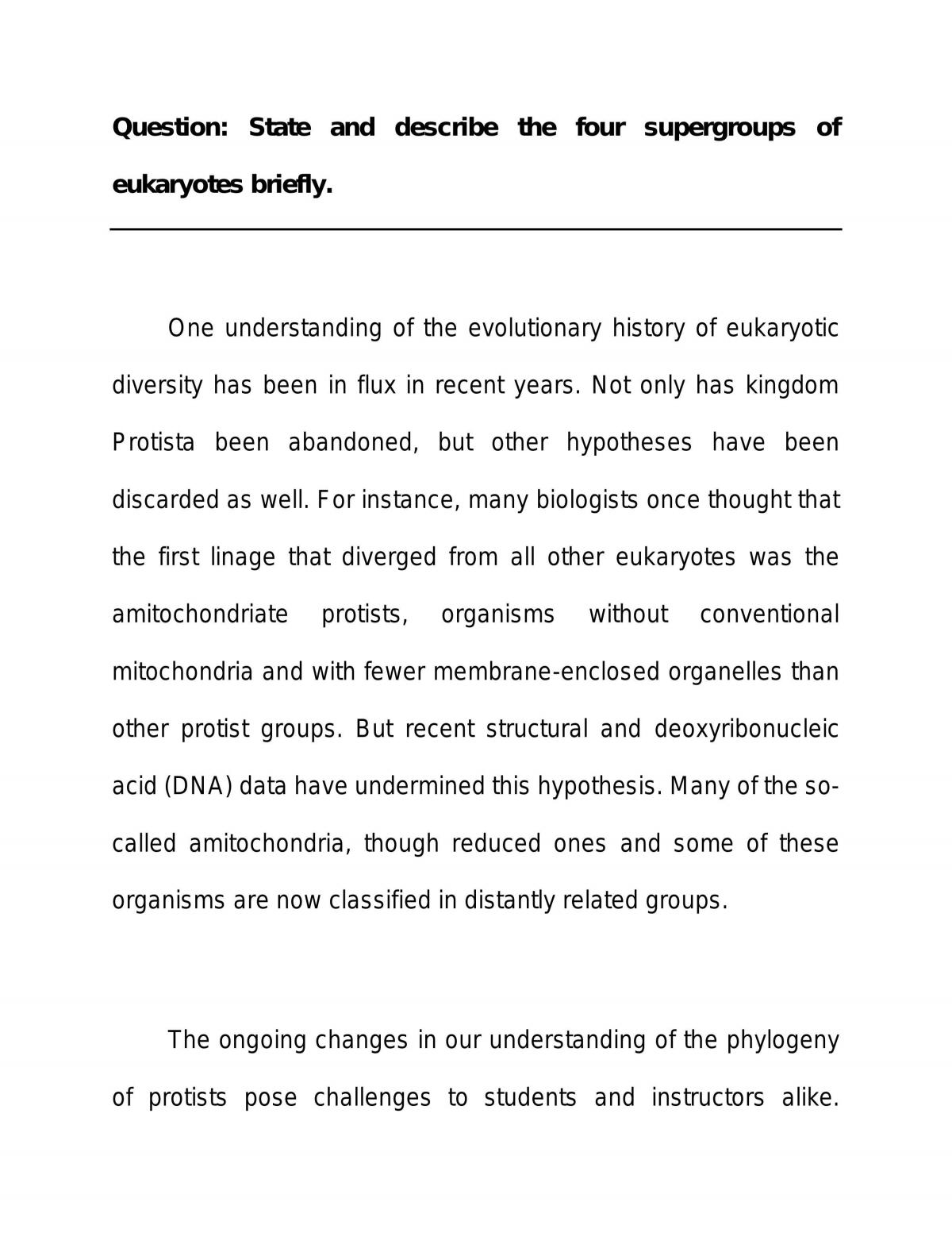 Essay Describing the Four Supergroups of Eukaryotes - Page 1