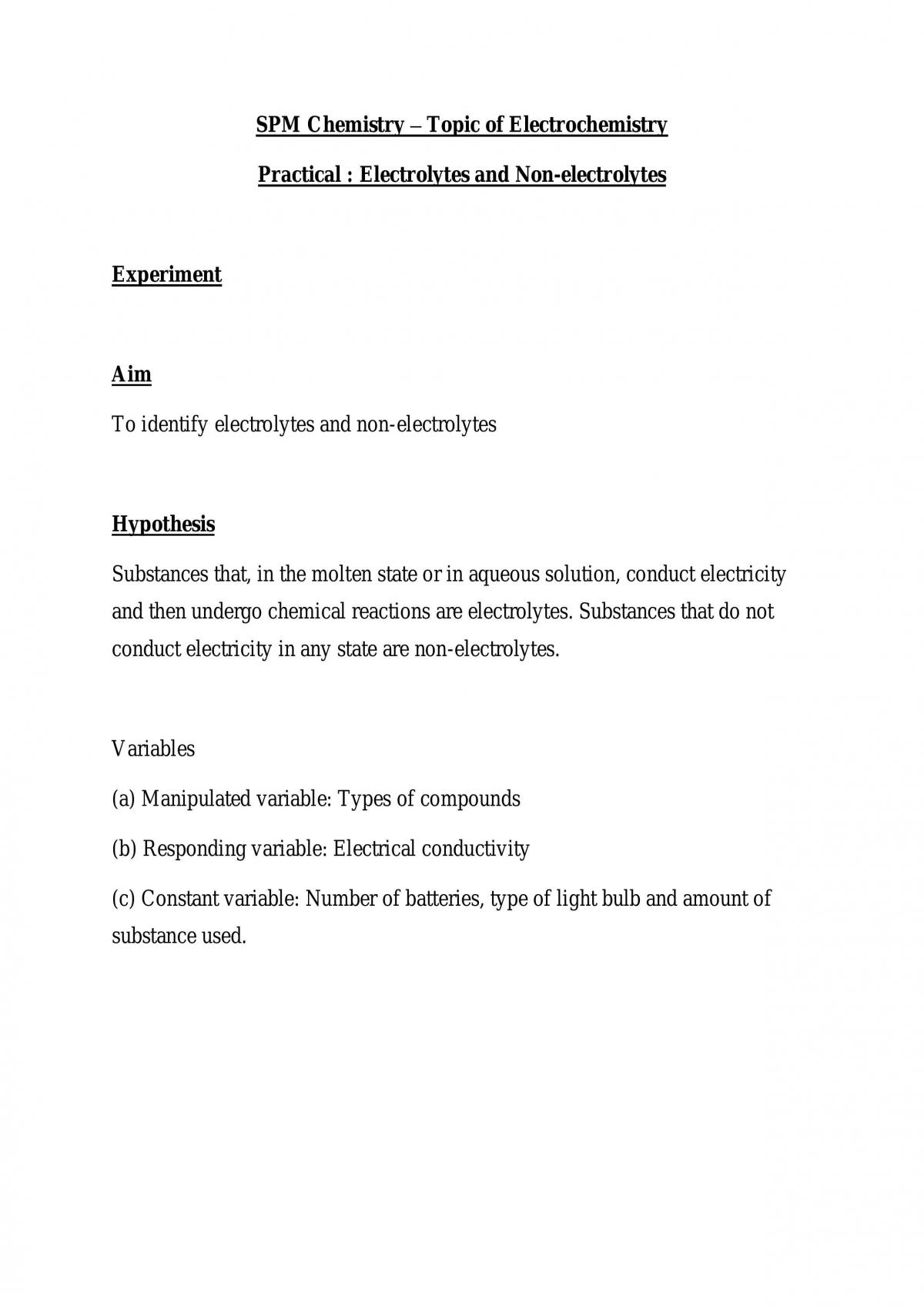 Electrochemistry - Electrolytes and Non-electrolytes - Page 1