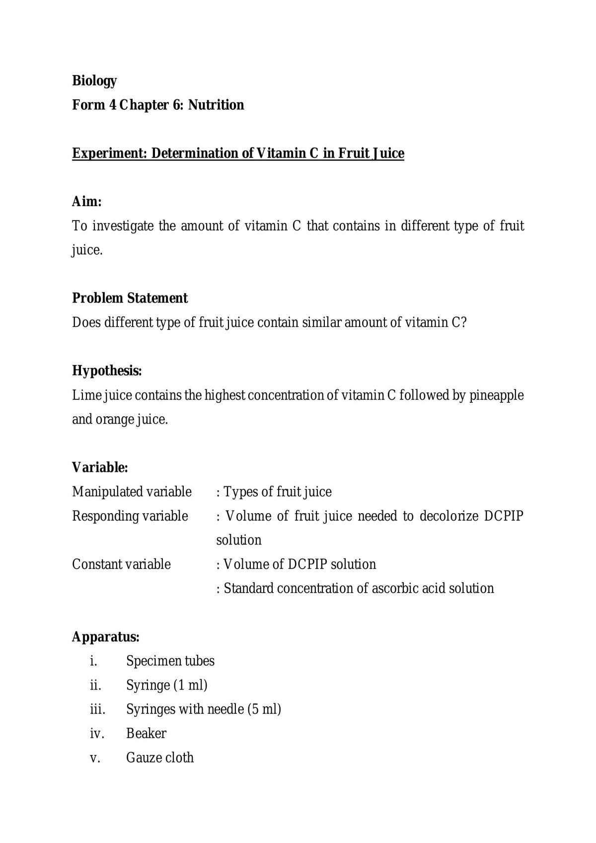 Experiment Determination of Amount of Vitamin C in Fruit Juices - Page 1