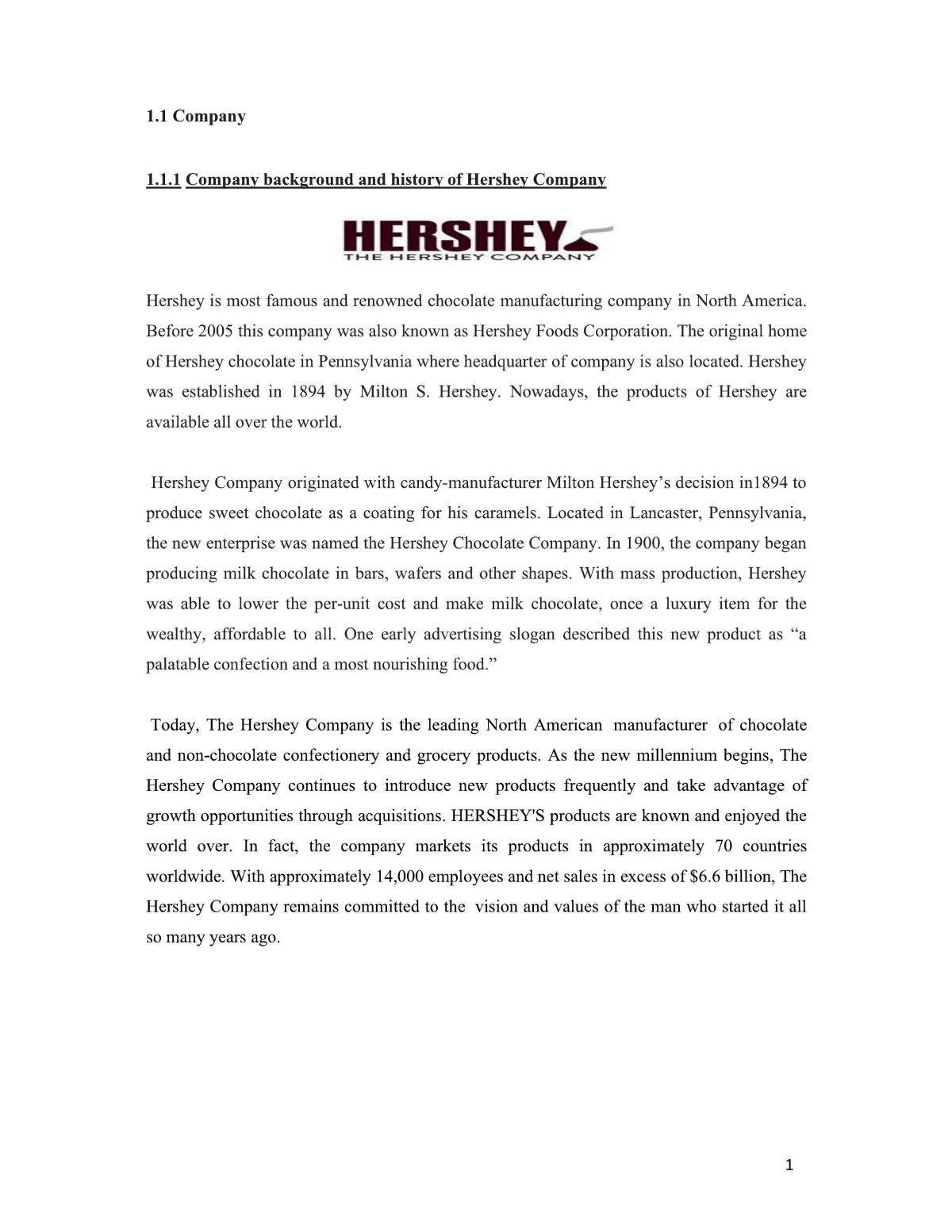 Essay discussing the marketing of Hershey Company  - Page 1