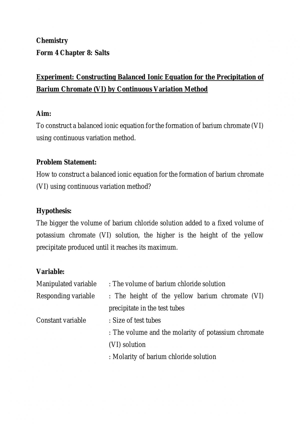 Experiment: Constructing Balanced Ionic Equation for the Precipitation of Barium Chromate (VI)  - Page 1