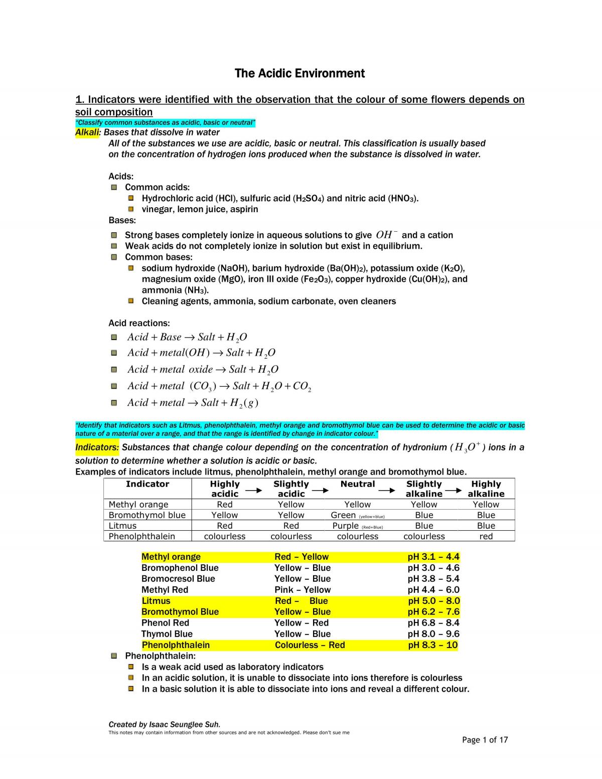 Acidic environment notes - Page 1