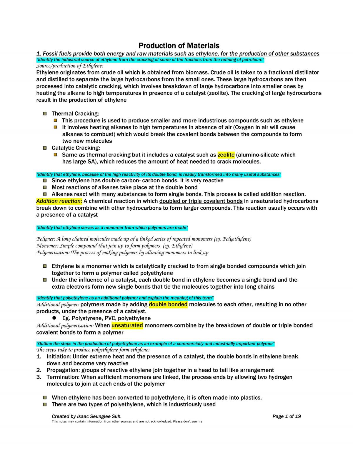 Production of Material Notes HSC - Page 1
