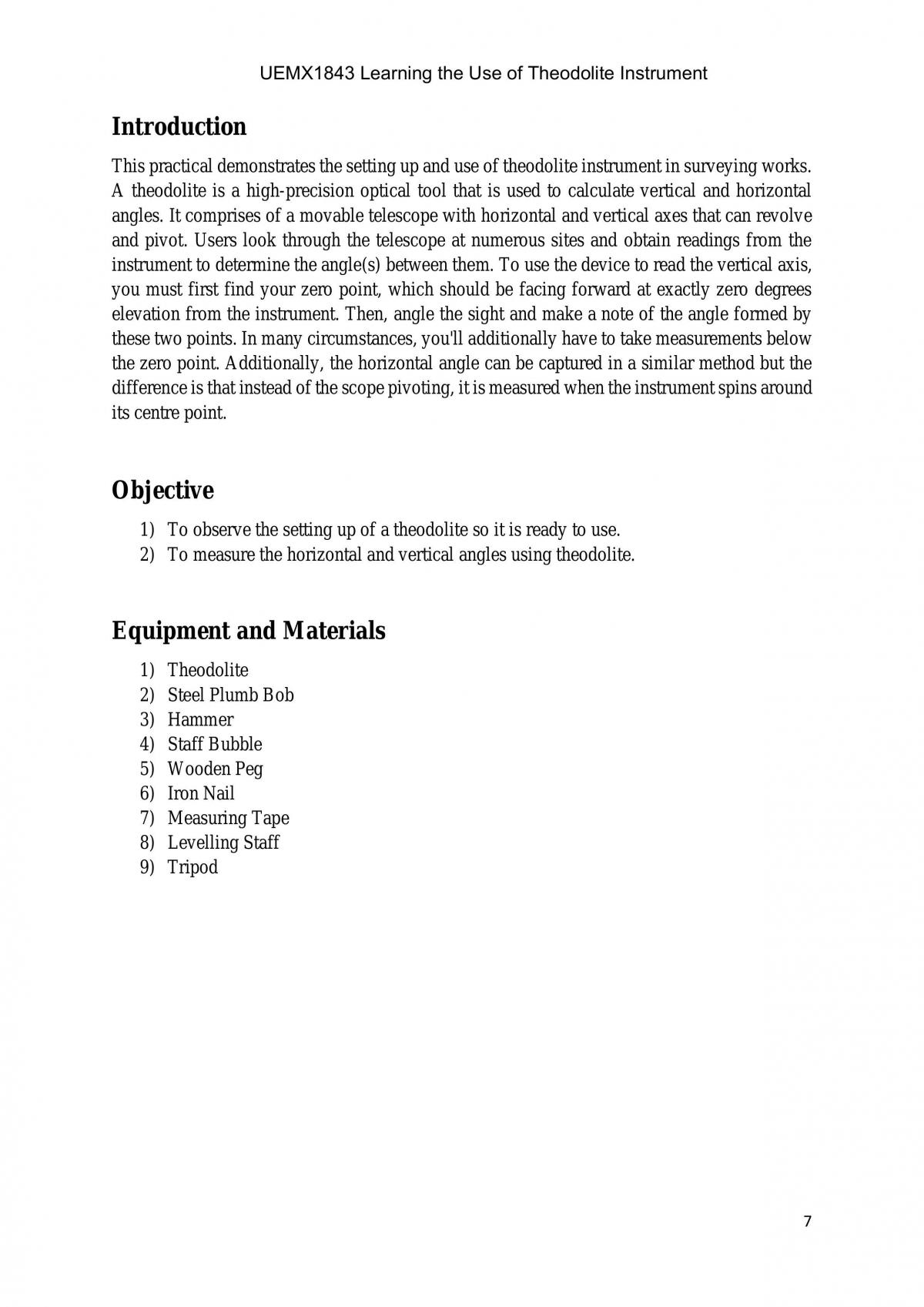 UEMX1843 Learning the Use of Theodolite Instrument - Page 1