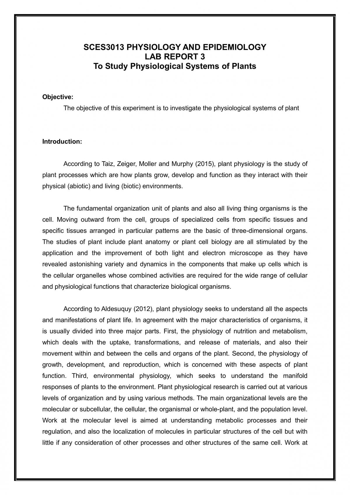 Lab Report 3 To Study Physiological Systems of Plants - Page 1
