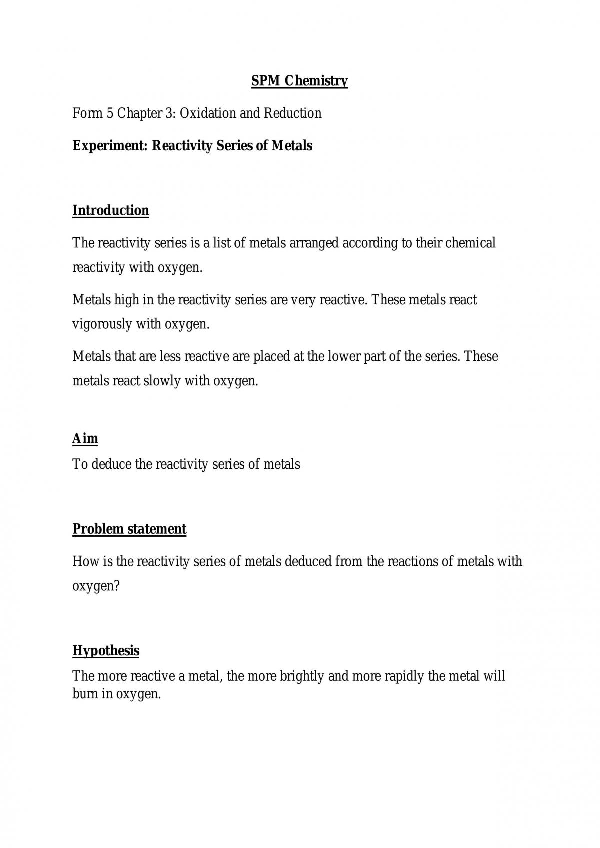 Oxidation & Reduction - Reactive Series of Metals - Page 1