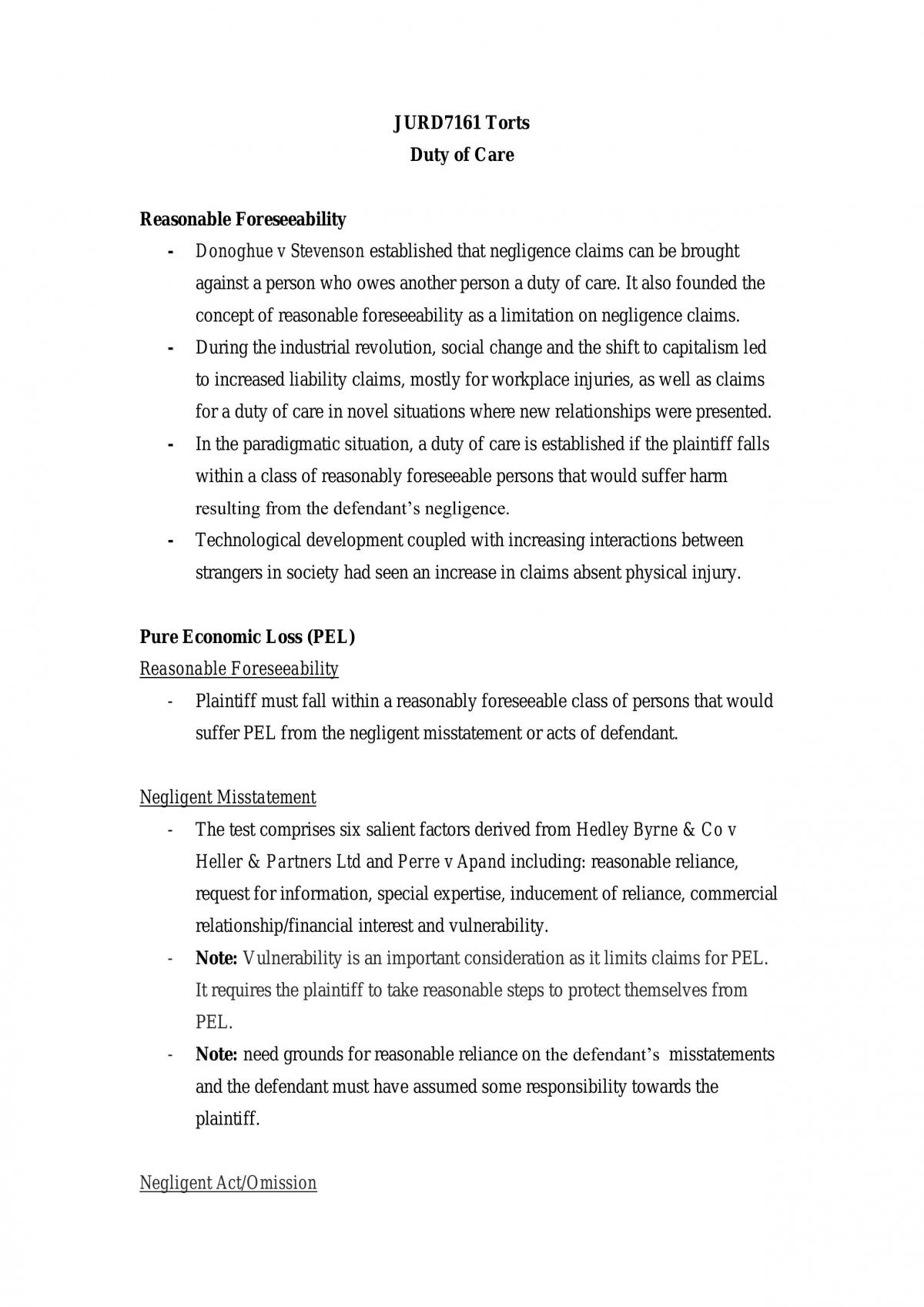 Torts - Duty of Care Notes - Page 1