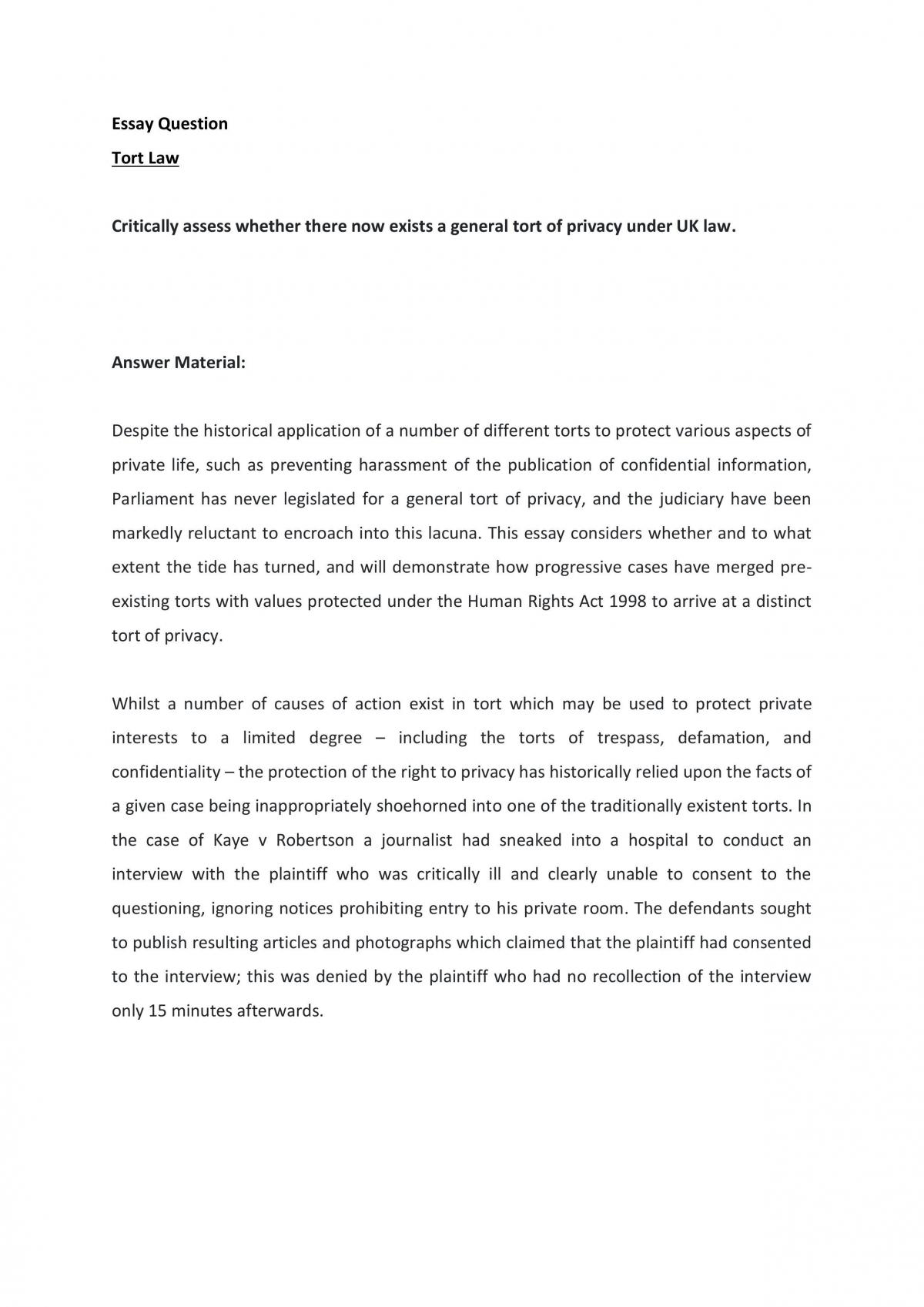 Essay Question on Tort Law - Page 1