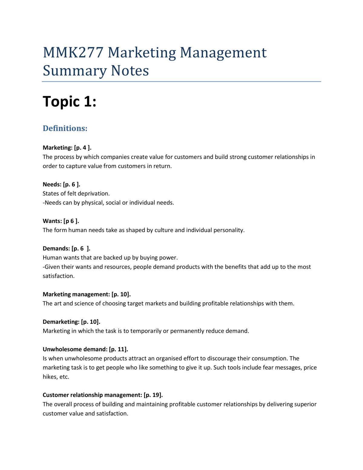 Marketing Management Summary Notes - Page 1
