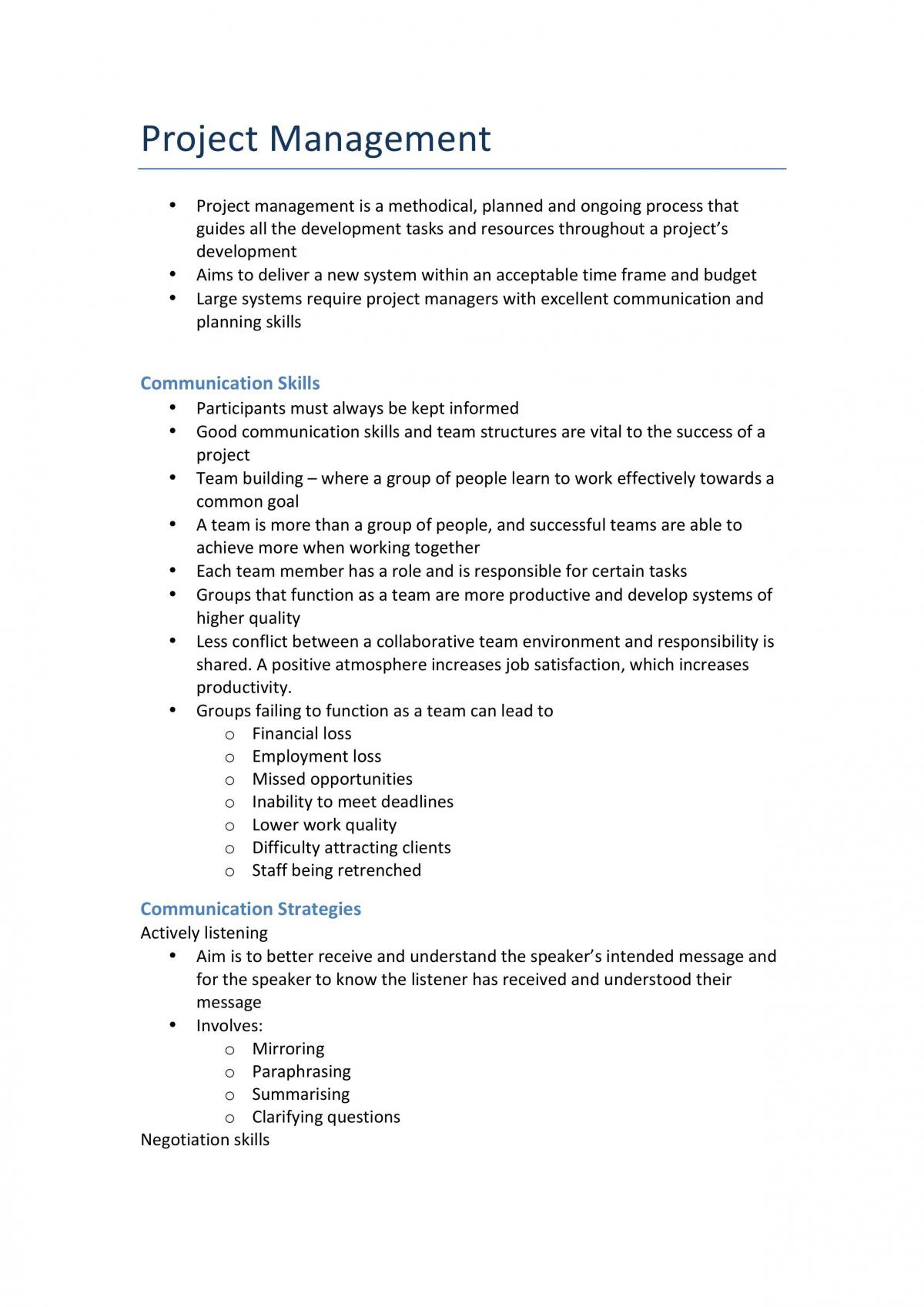 Project Management Summary - Page 1