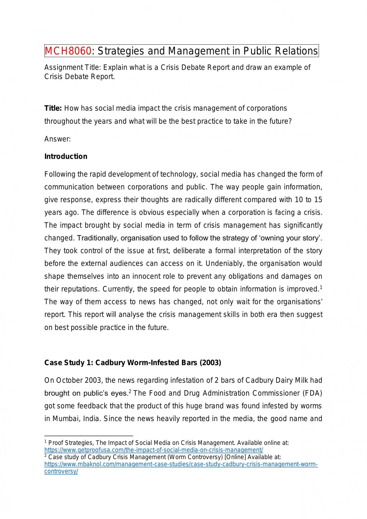 Crisis Debate Report for Strategies and Management in Public Relations - Page 1
