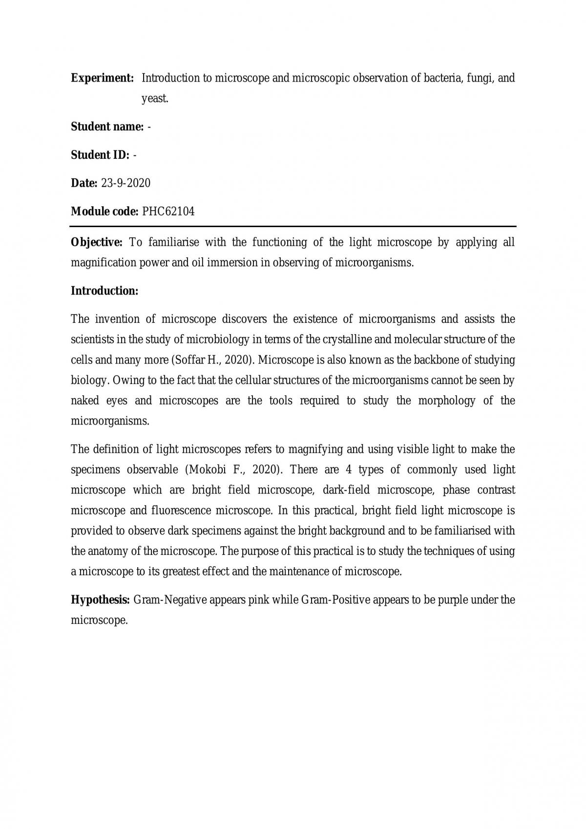 Introduction to microscope and microscopic observation of bacteria, fungi, and yeast - Page 1